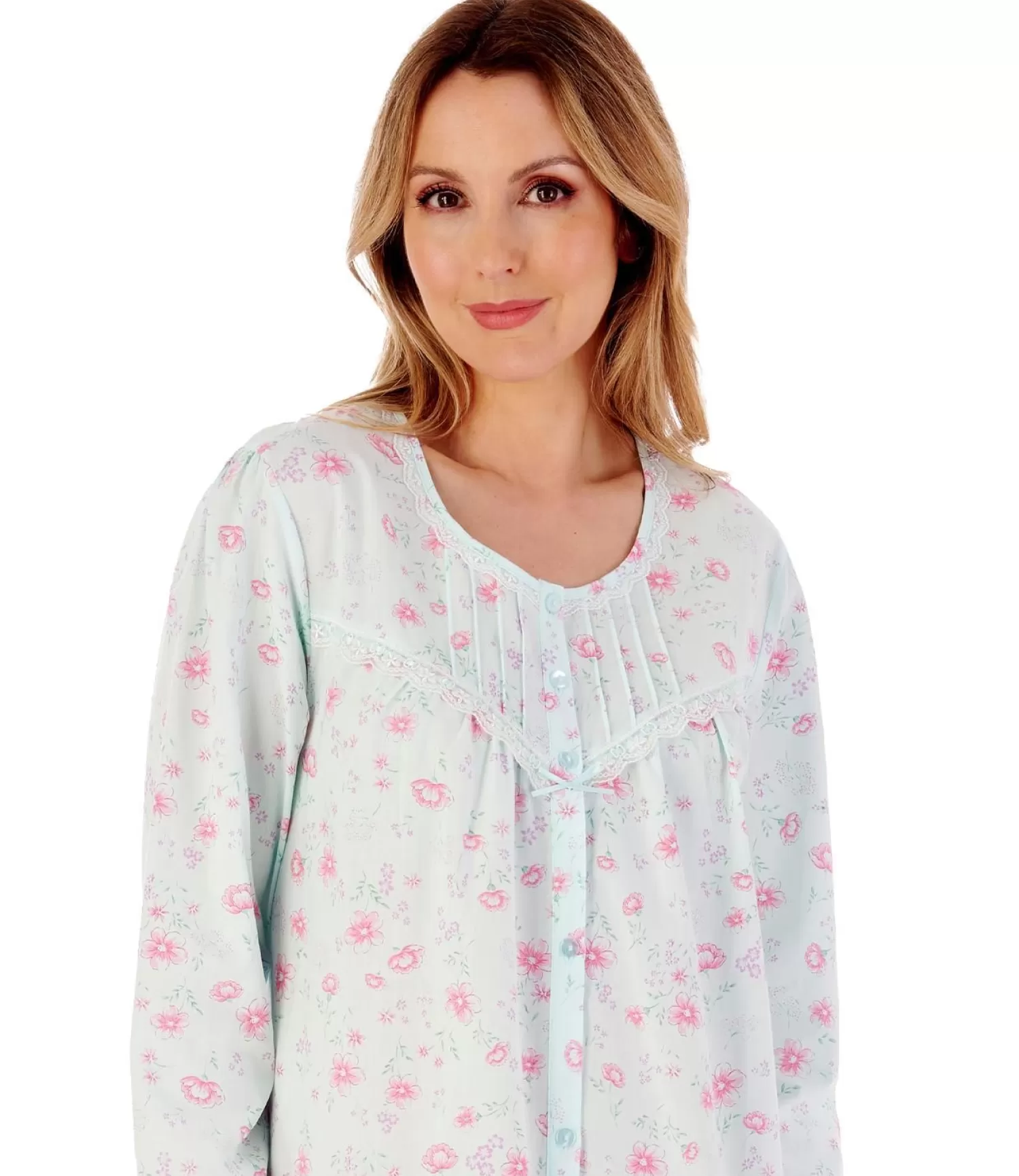 Slenderella Nighties | 100% Woven Cotton Long Sleeve Button Nightie - Mint