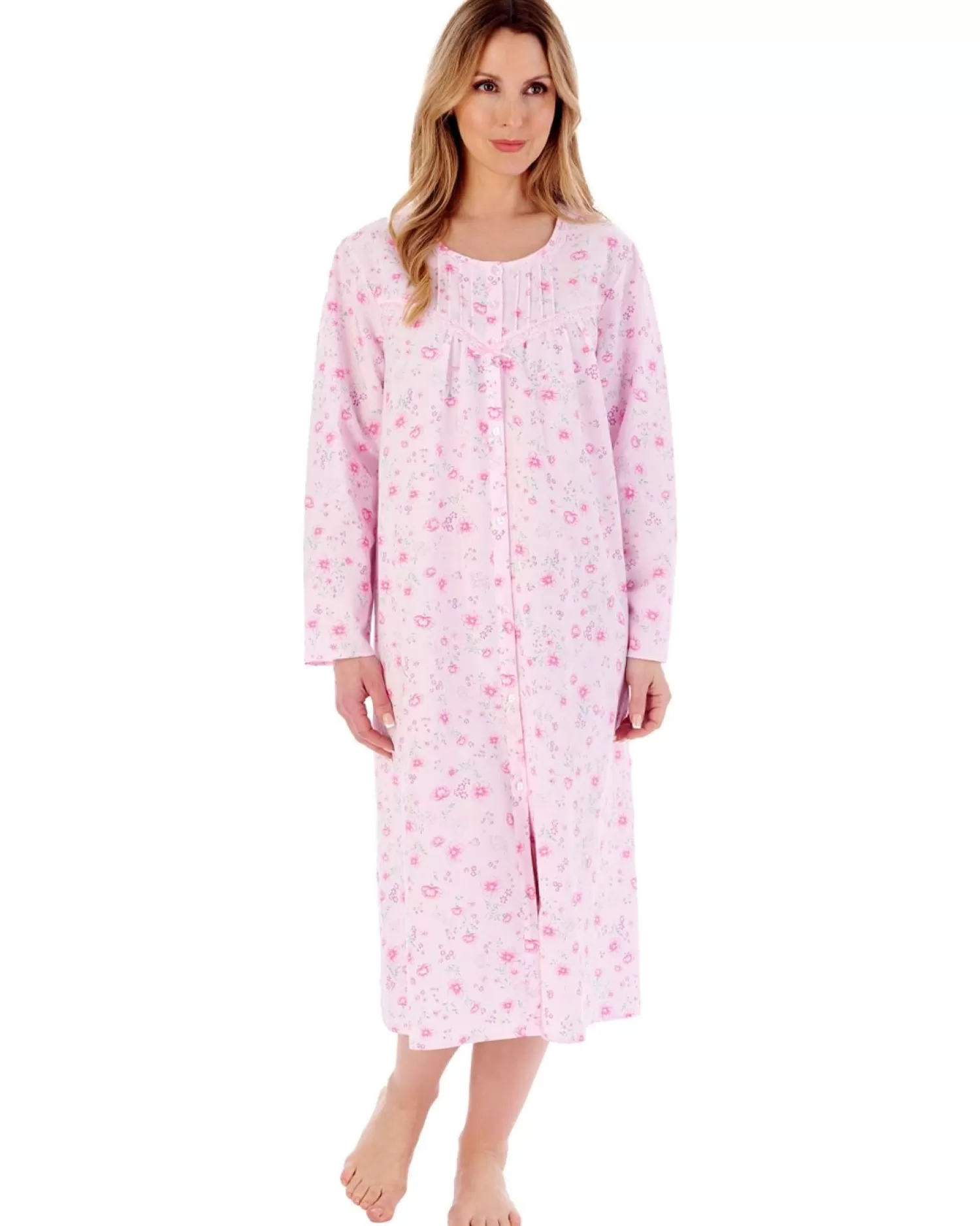 Slenderella Nighties | 100% Woven Cotton Long Sleeve Button Nightie - Pink