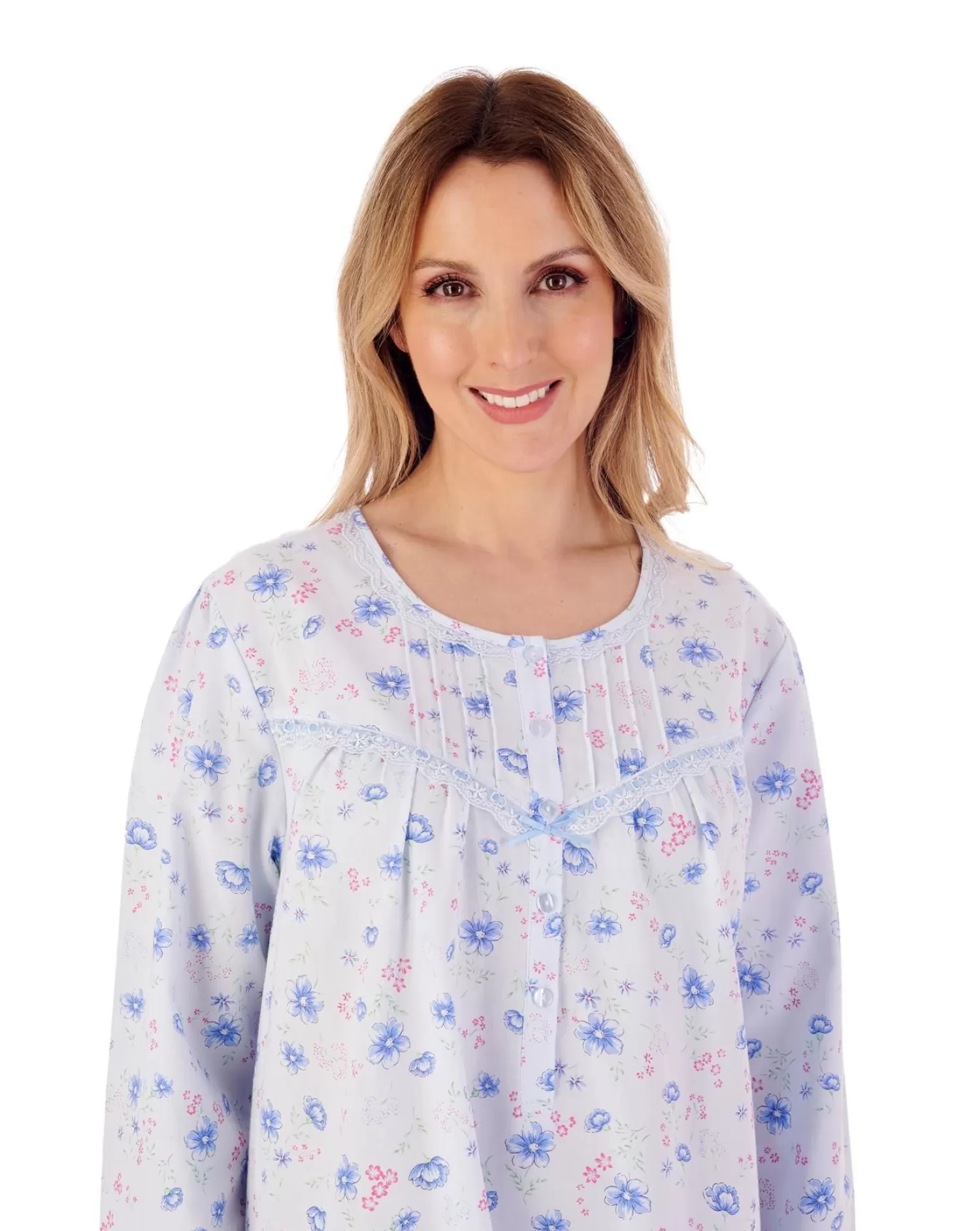 Slenderella Nighties | 100% Woven Cotton Long Sleeve Nightie - Blue