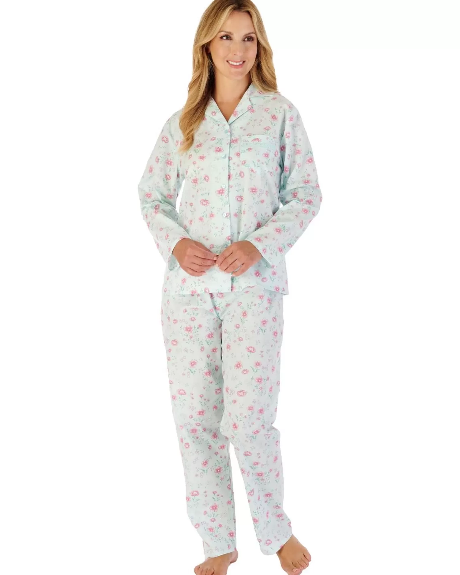 Slenderella Pyjamas | 100% Woven Cotton Long Sleeve Pyjamas - Mint