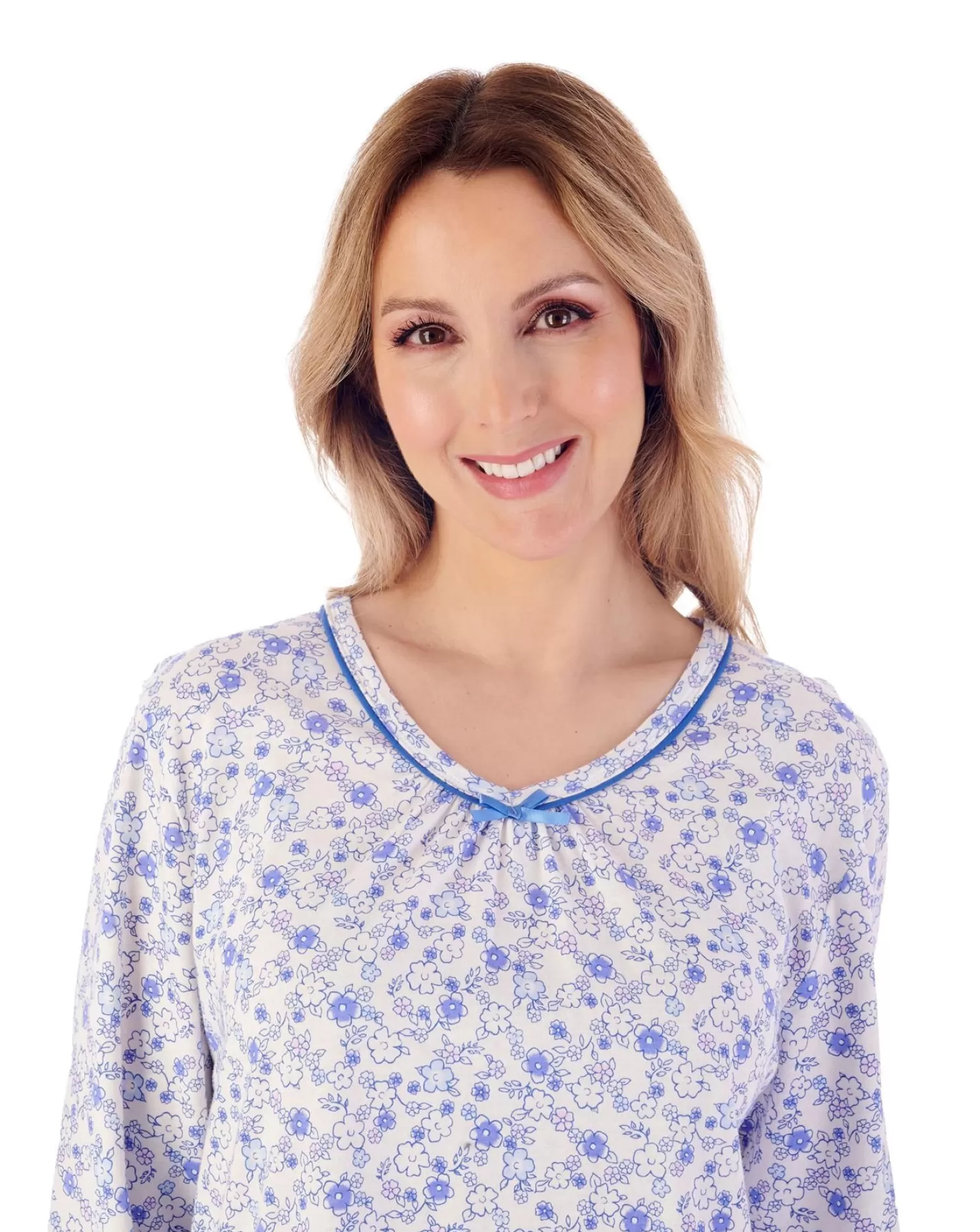 Slenderella Nighties | 38" Long Sleeve Ditsy Floral Jersey Nightie - Blue