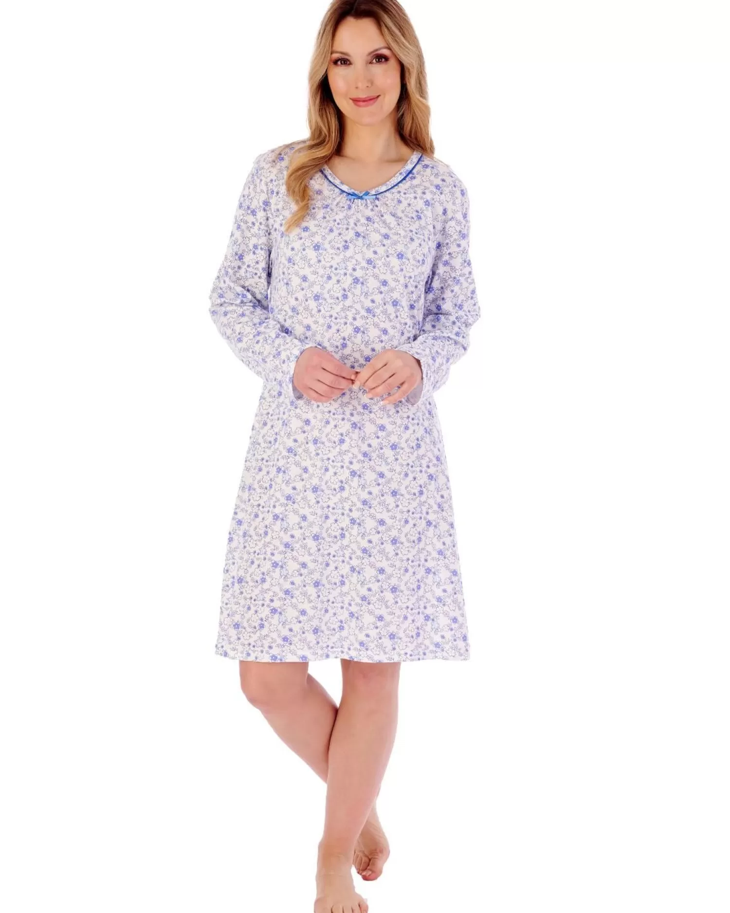 Slenderella Nighties | 38" Long Sleeve Ditsy Floral Jersey Nightie - Blue