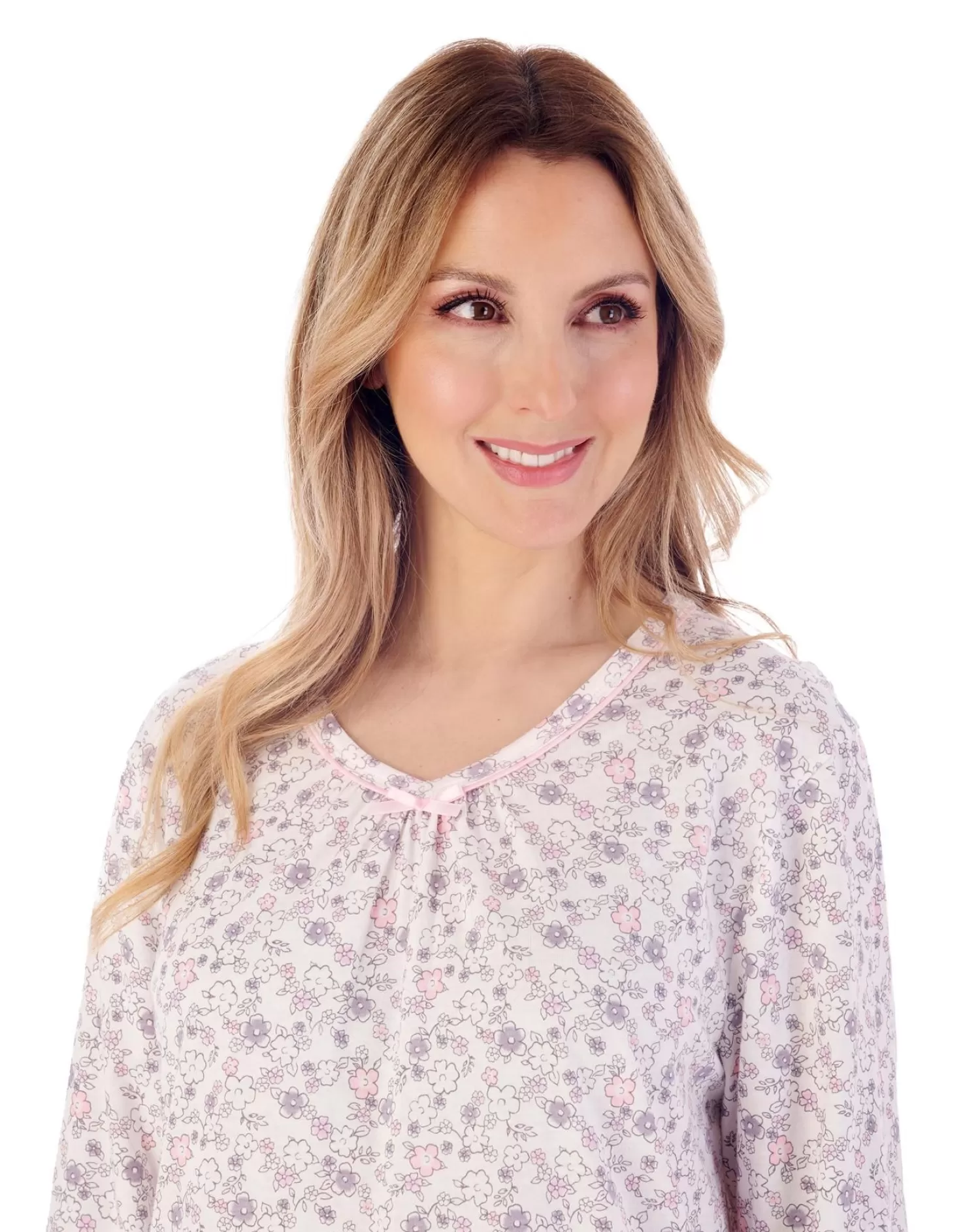 Slenderella Nighties | 38" Long Sleeve Ditsy Floral Jersey Nightie - Grey