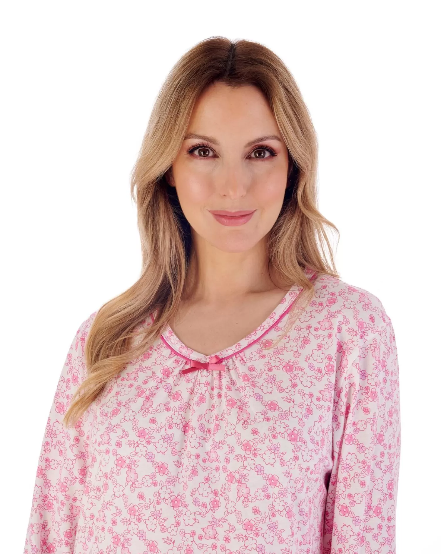 Slenderella Nighties | 38" Long Sleeve Ditsy Floral Jersey Nightie - Pink