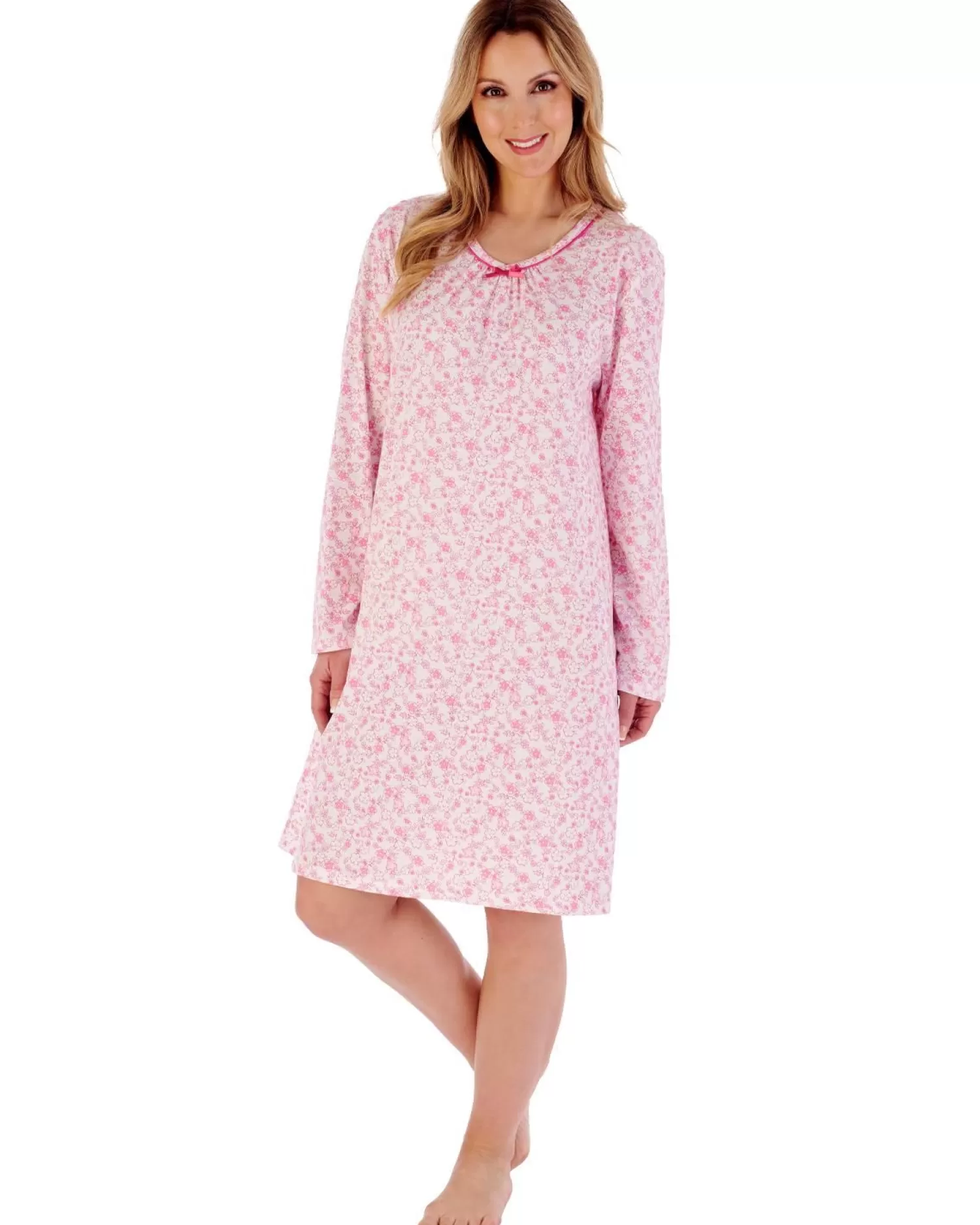 Slenderella Nighties | 38" Long Sleeve Ditsy Floral Jersey Nightie - Pink