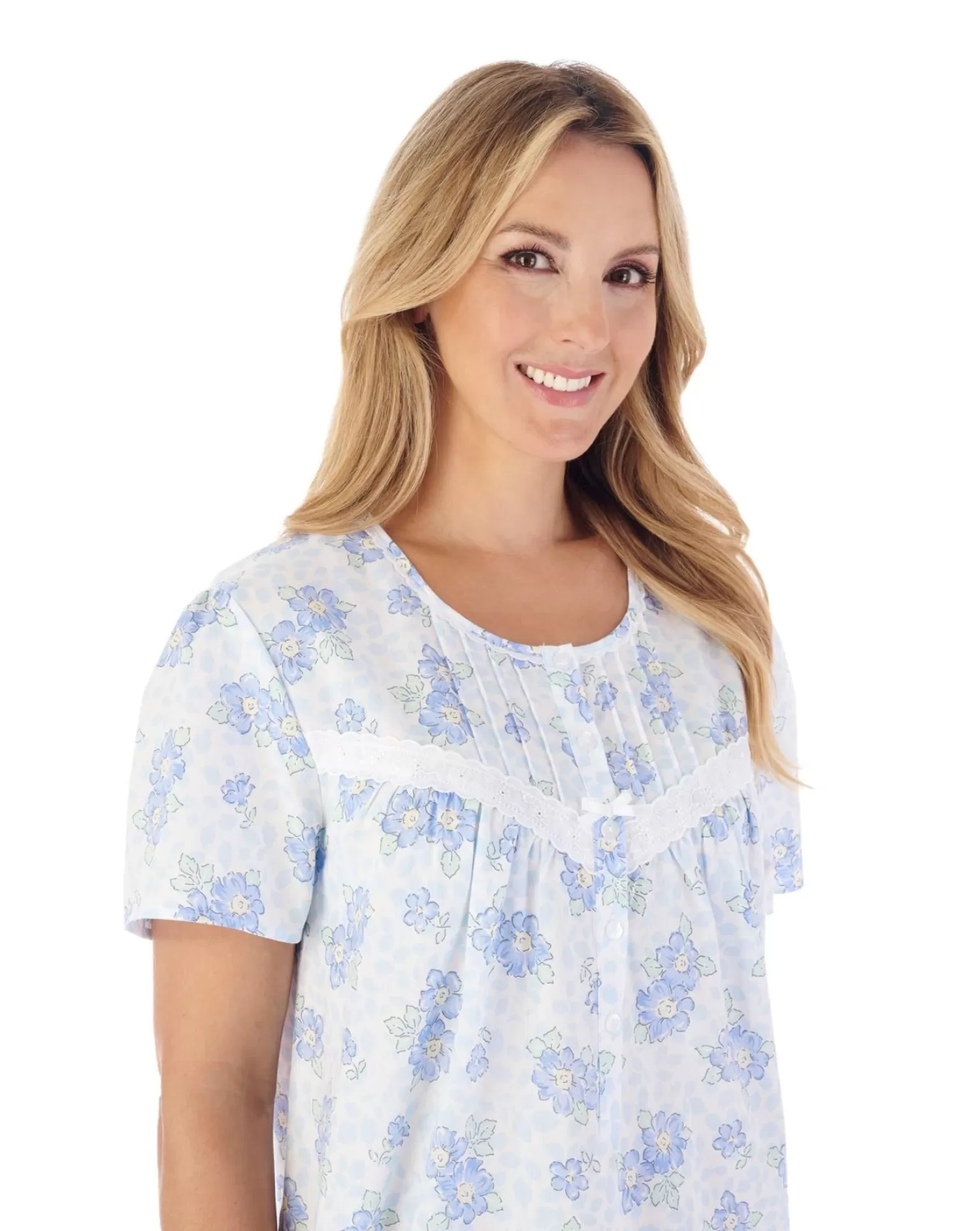 Slenderella Nighties | 38" Shadow Leaf Floral Short Sleeve Cotton Nightie - Blue