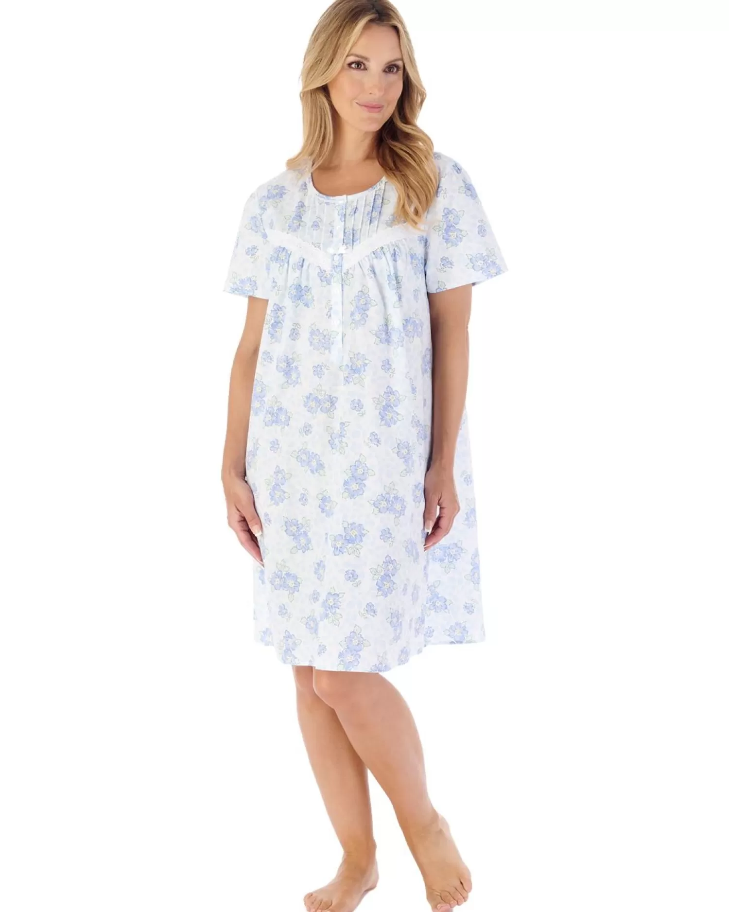 Slenderella Nighties | 38" Shadow Leaf Floral Short Sleeve Cotton Nightie - Blue