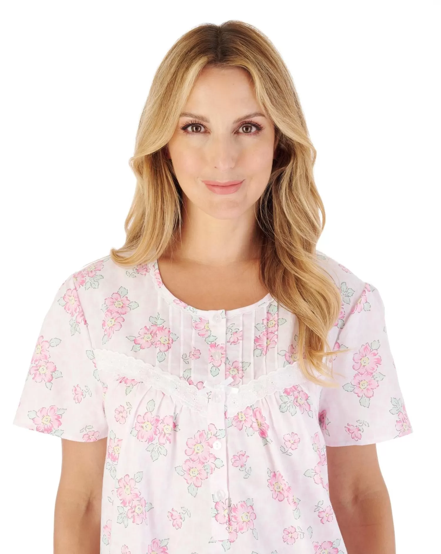 Slenderella Nighties | 38" Shadow Leaf Floral Short Sleeve Cotton Nightie - Pink
