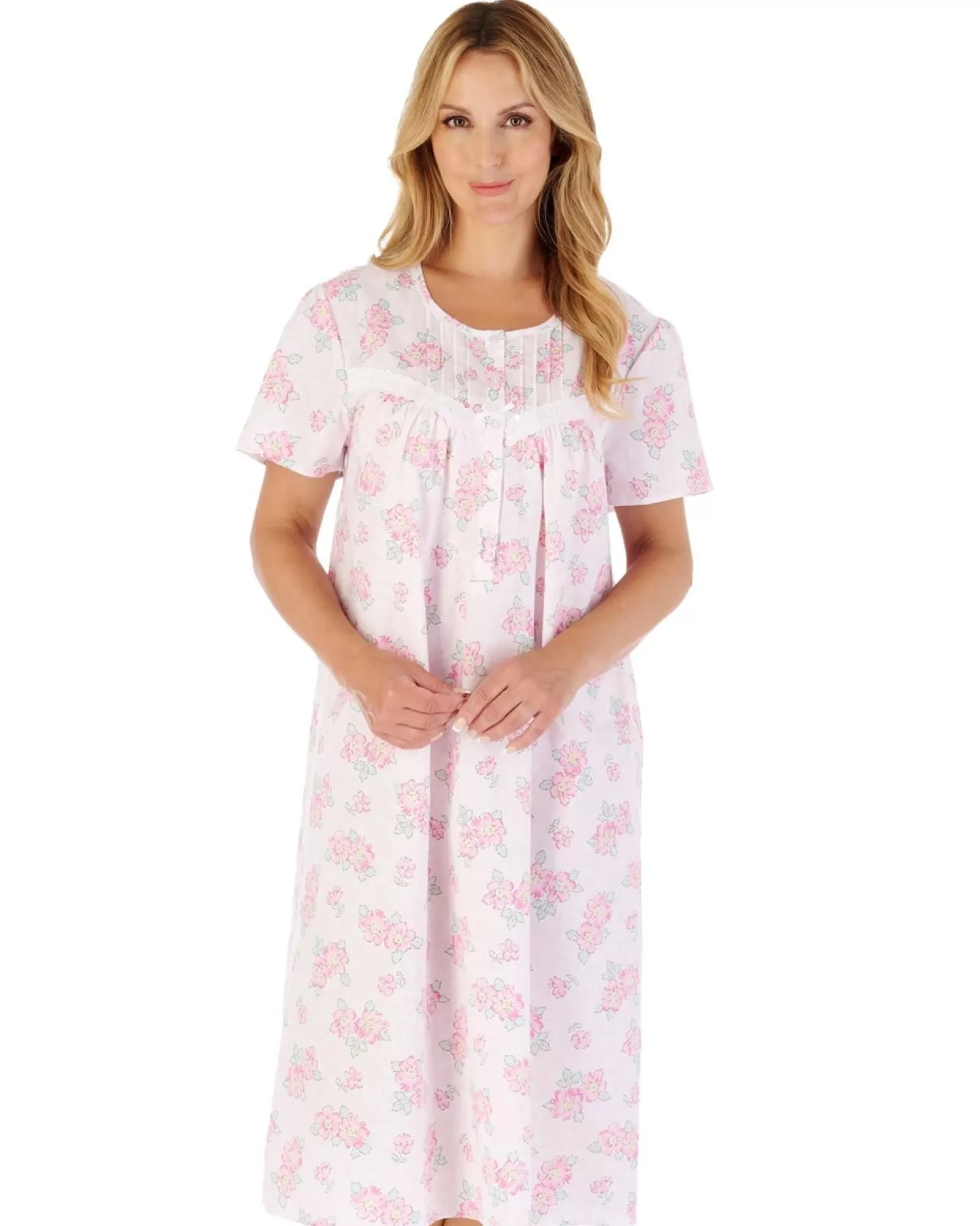 Slenderella Nighties | 38" Shadow Leaf Floral Short Sleeve Cotton Nightie - Pink