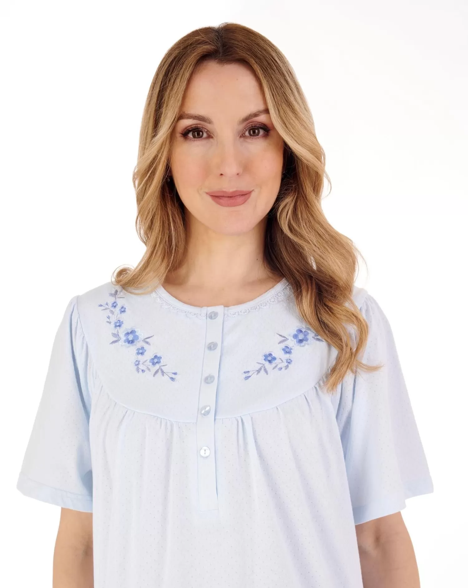 Slenderella Nighties | 38" Solid Colour Short Sleeve Jersey Nightdress - Blue