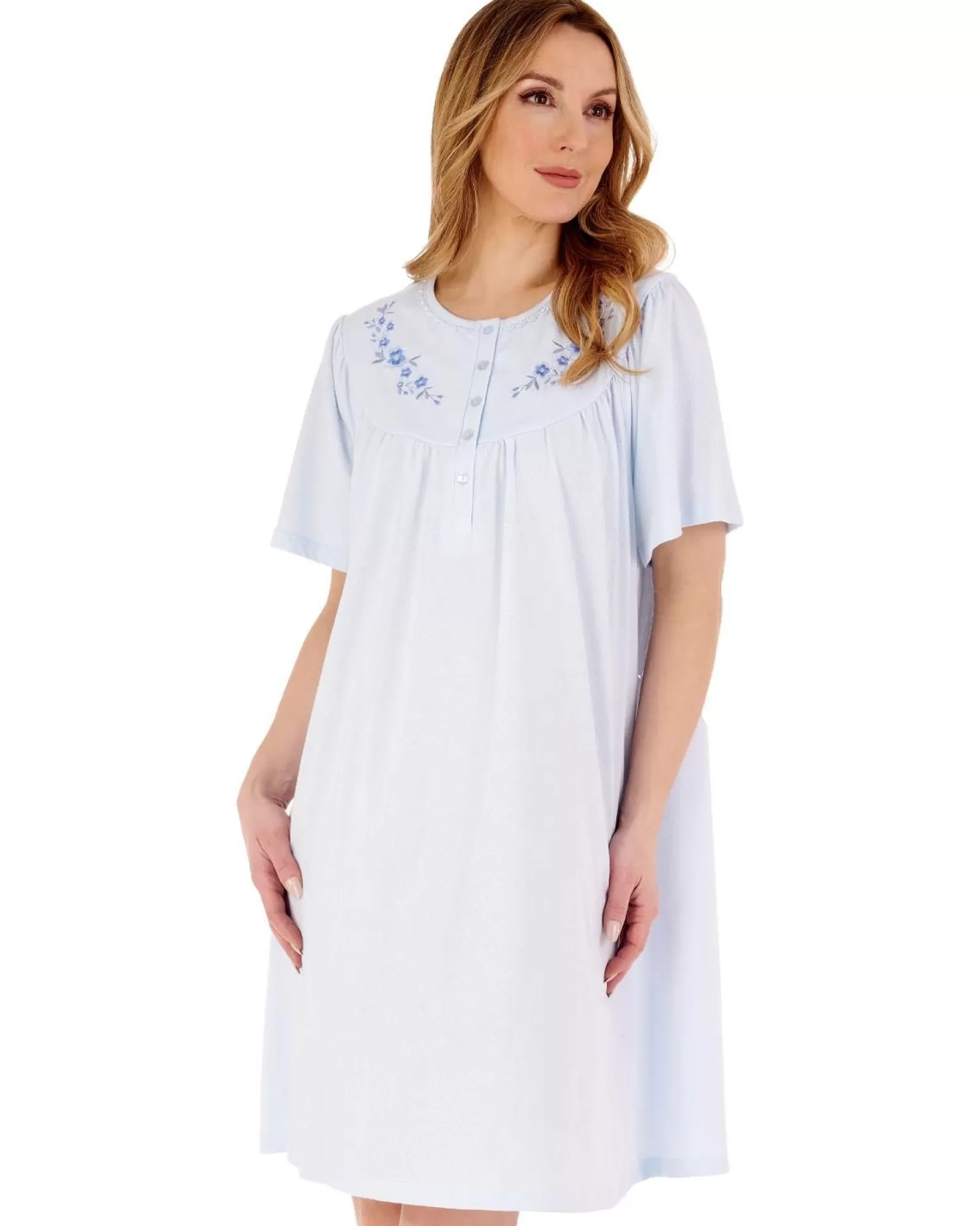 Slenderella Nighties | 38" Solid Colour Short Sleeve Jersey Nightdress - Blue