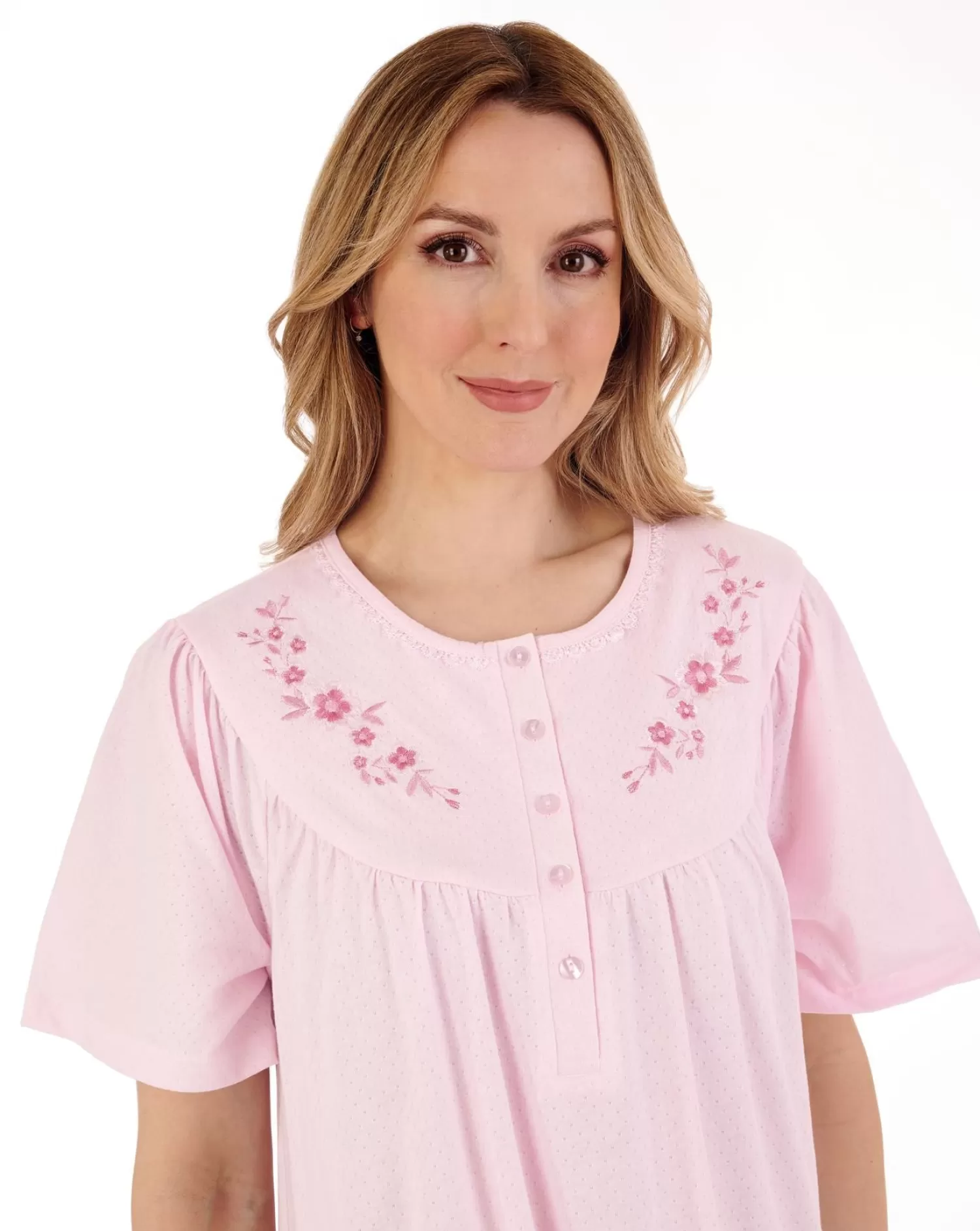 Slenderella Nighties | 38" Solid Colour Short Sleeve Jersey Nightdress - Pink