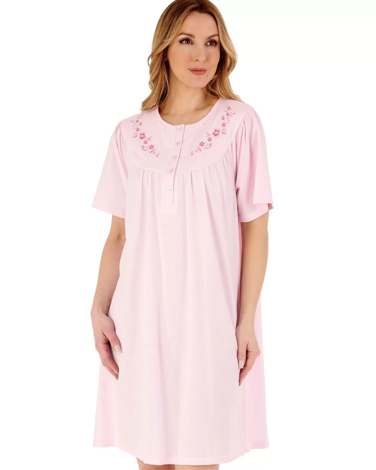 Slenderella Nighties | 38" Solid Colour Short Sleeve Jersey Nightdress - Pink