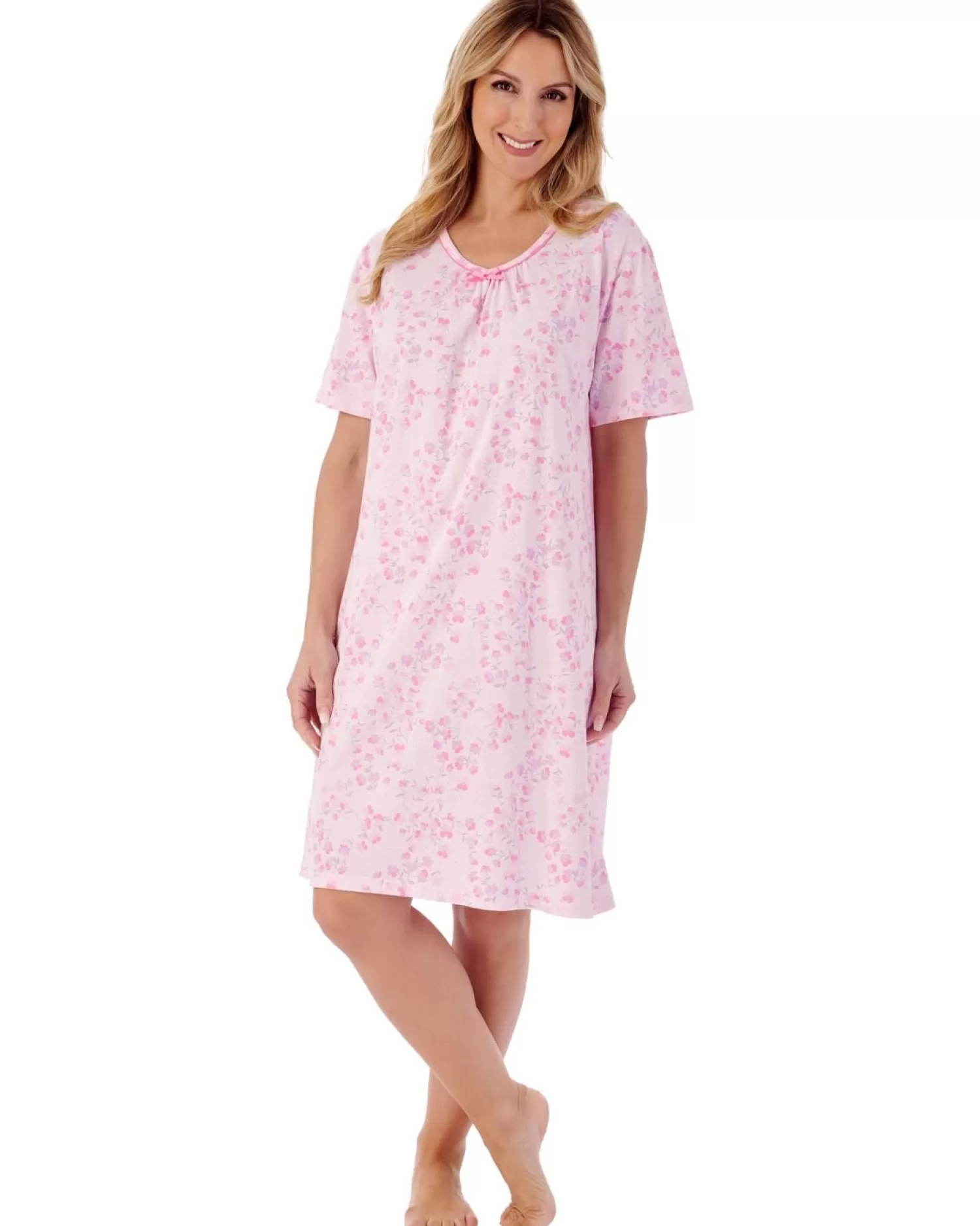 Slenderella Nighties | 38" Trailing Floral Short Sleeve Jersey Nightie - Pink