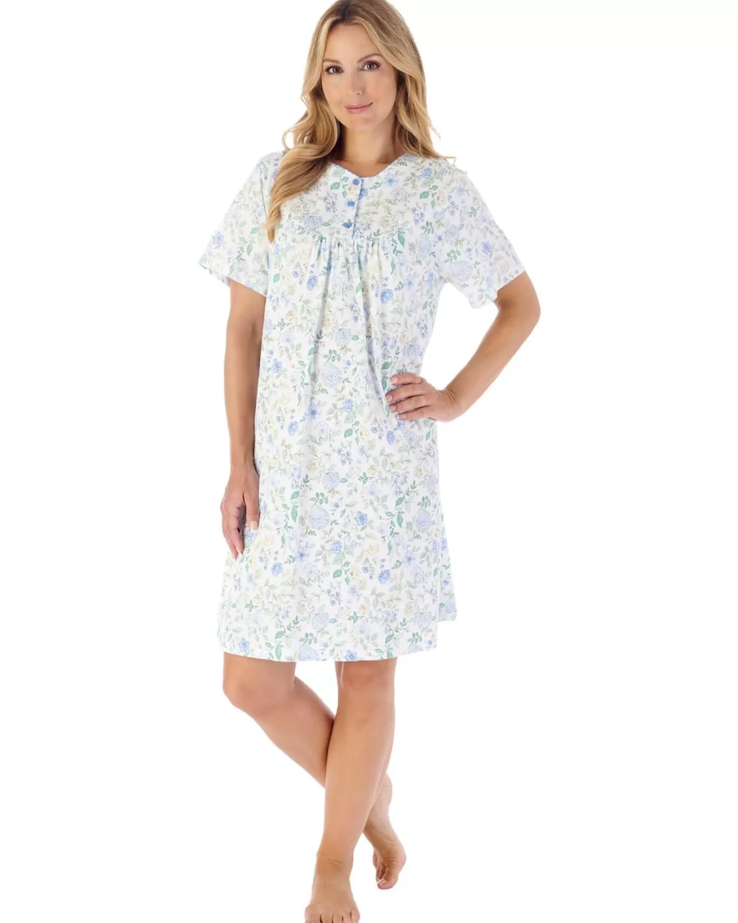 Slenderella Nighties | 38" Trailing Floral Short Sleeve Nightie - Blue