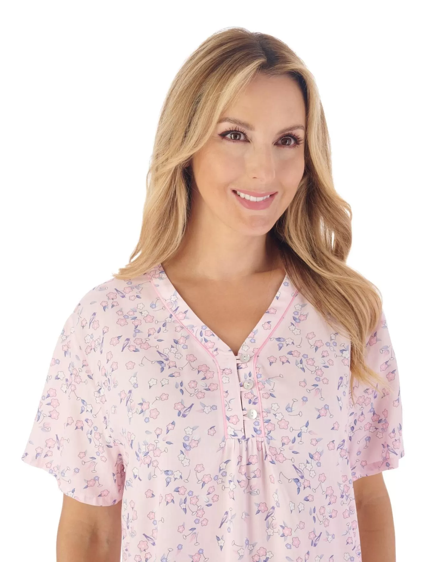 Slenderella Nighties | 40" Blossom Print Short Sleeve Woven Nightie - Pink