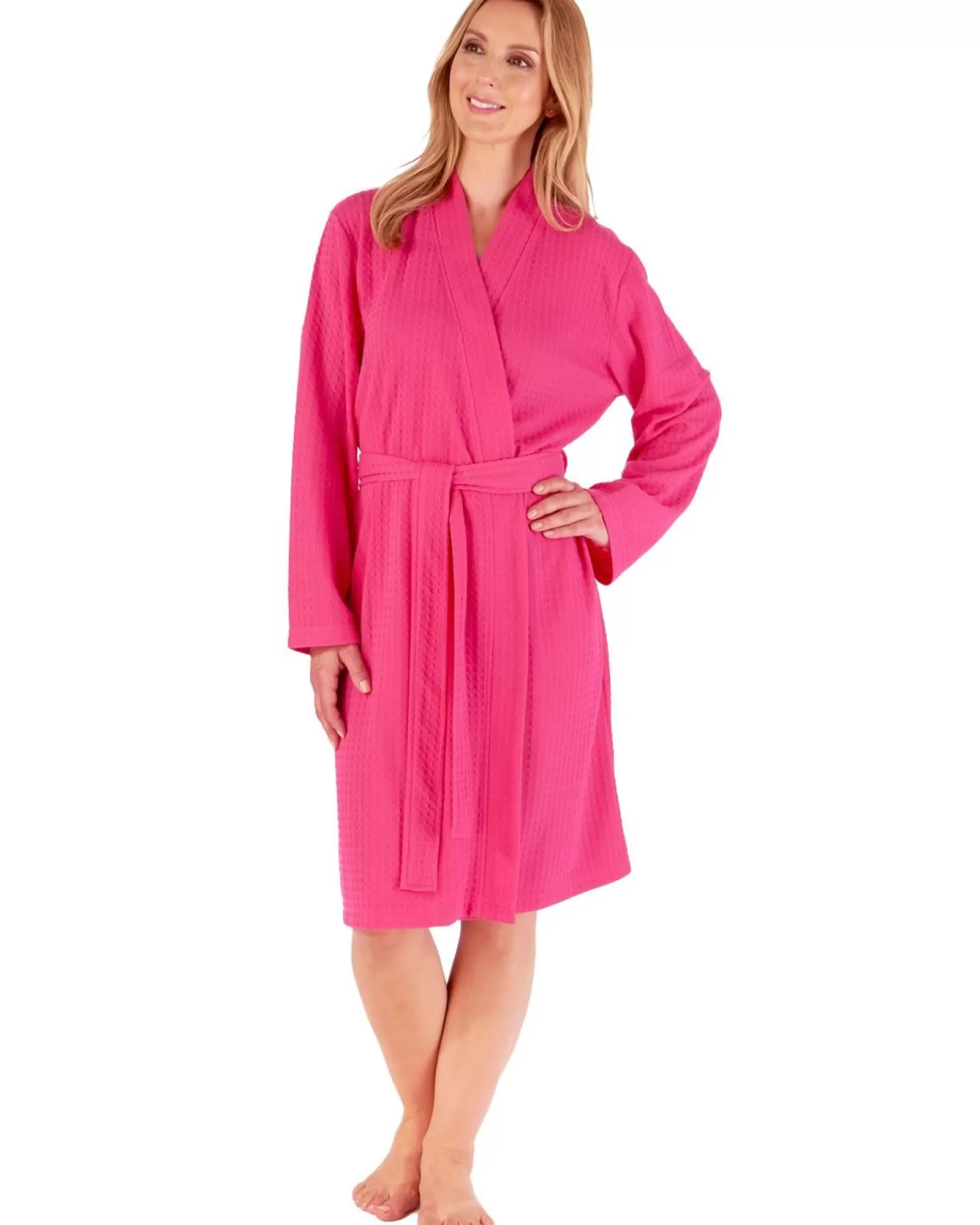 Slenderella Dressing Gowns | 40" Waffle Long Sleeve Gown - Raspberry