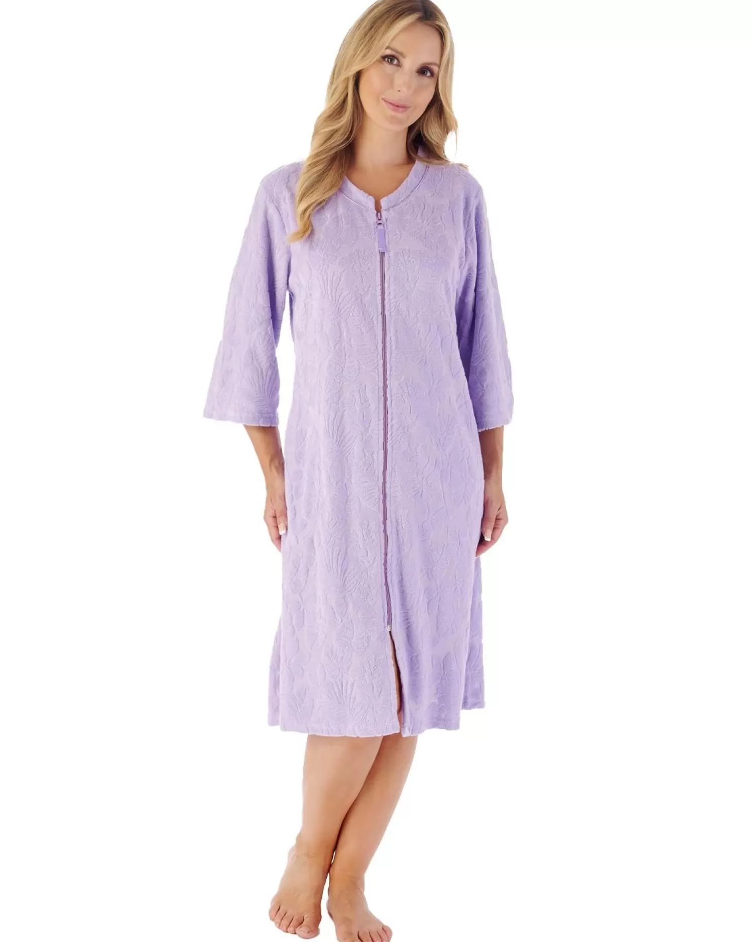 Slenderella Dressing Gowns | 42" Floral Embossed Zip Dressing Gown - Lilac