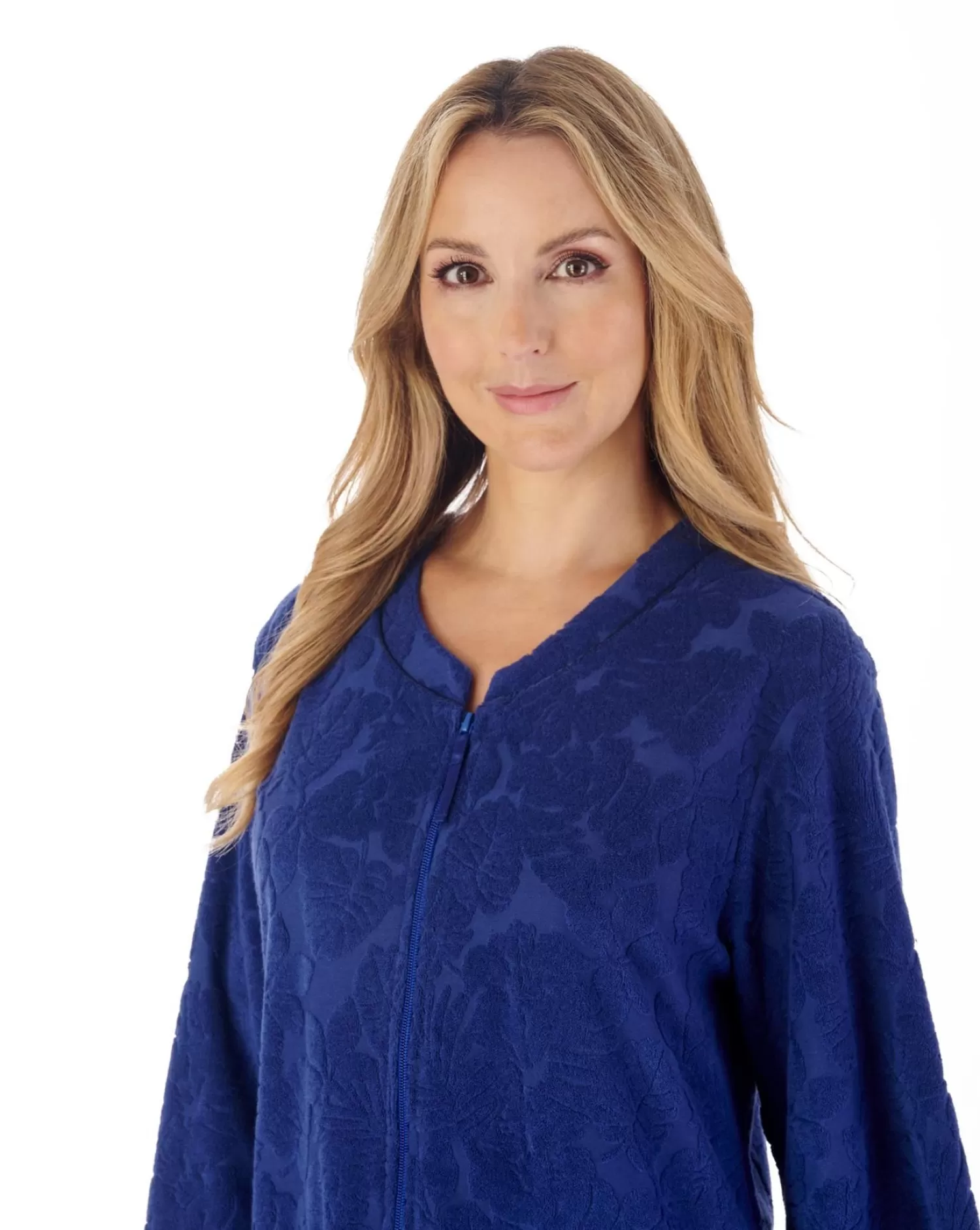 Slenderella Dressing Gowns | 42" Floral Embossed Zip Dressing Gown - Navy
