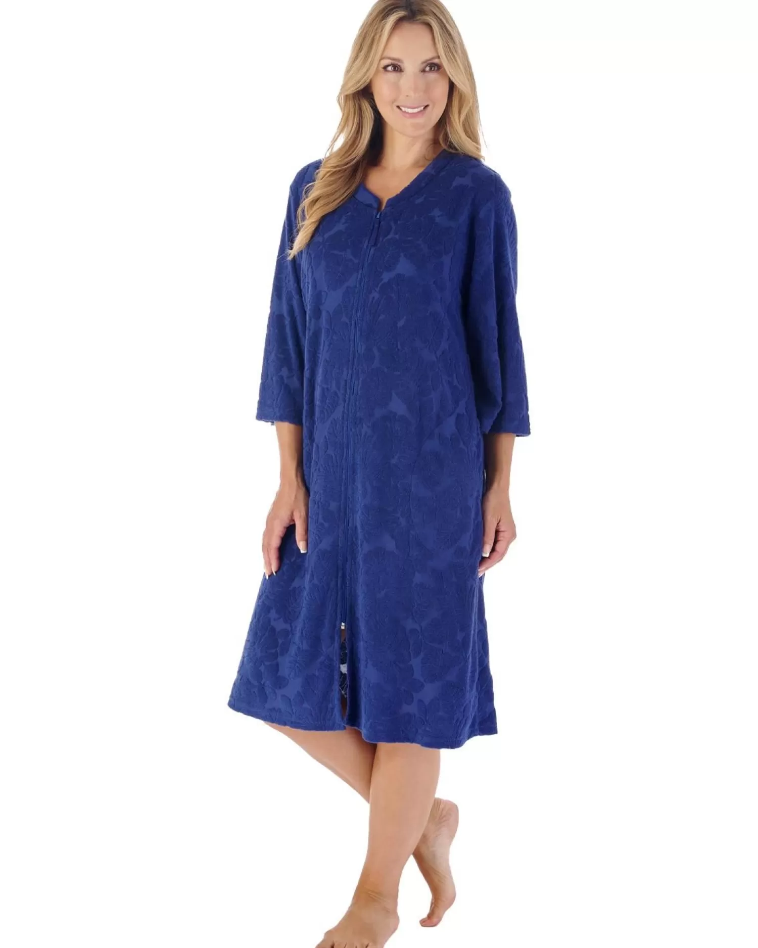 Slenderella Dressing Gowns | 42" Floral Embossed Zip Dressing Gown - Navy