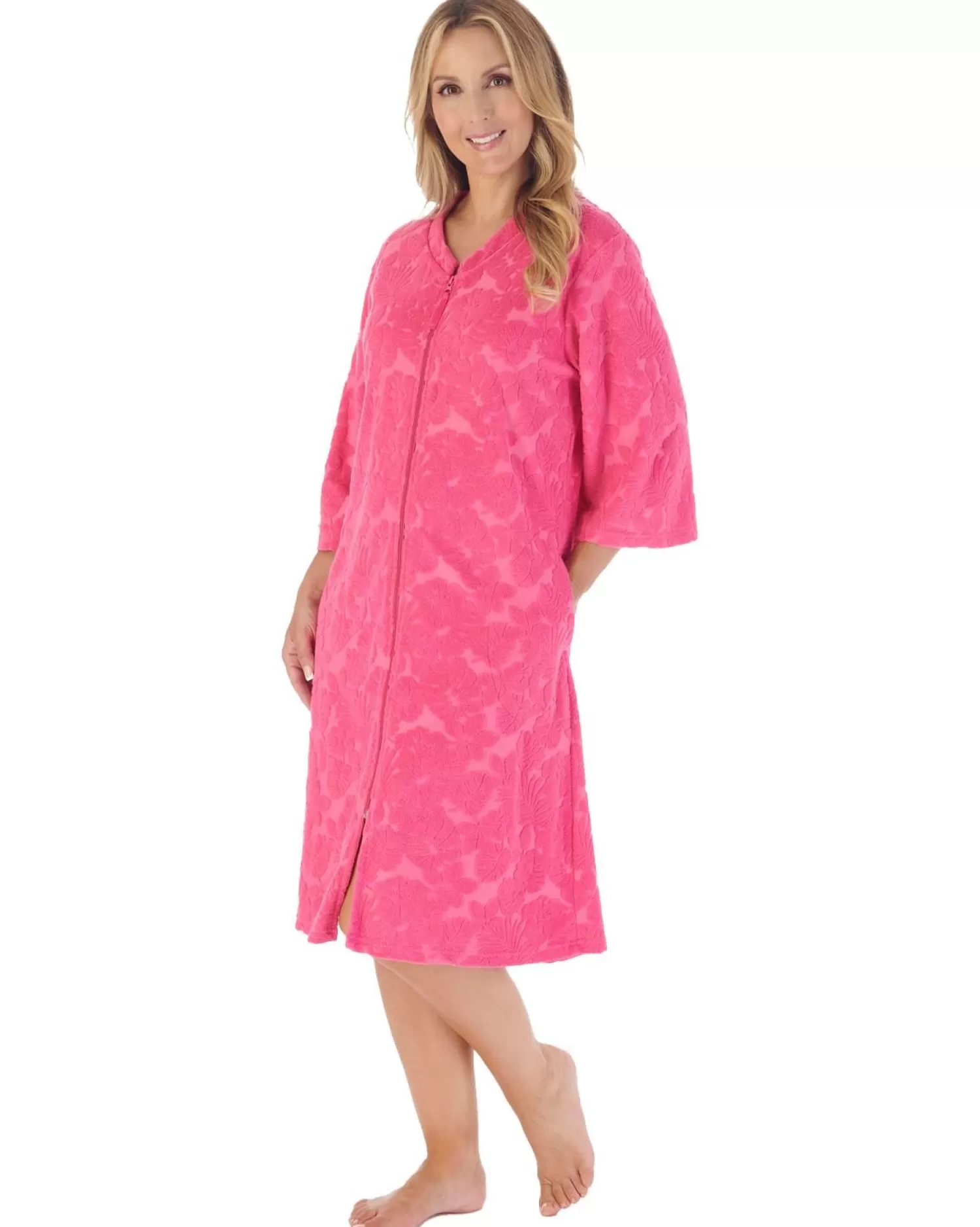 Slenderella Dressing Gowns | 42" Floral Embossed Zip Dressing Gown - Raspberry