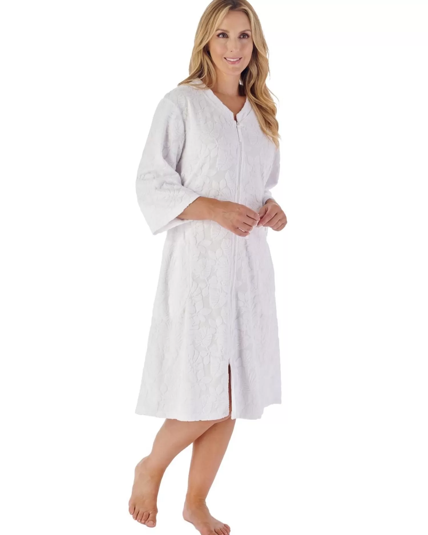 Slenderella Dressing Gowns | 42" Floral Embossed Zip Dressing Gown - White
