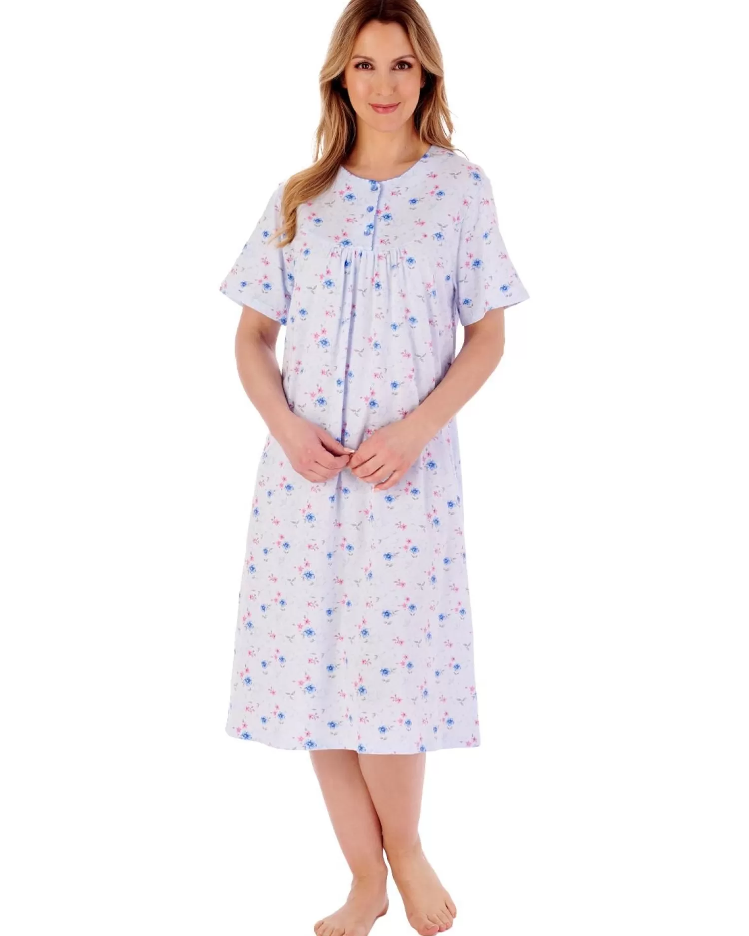Slenderella Nighties | 42" Picot Trim Floral Short Sleeve Jersey Nightie - Blue