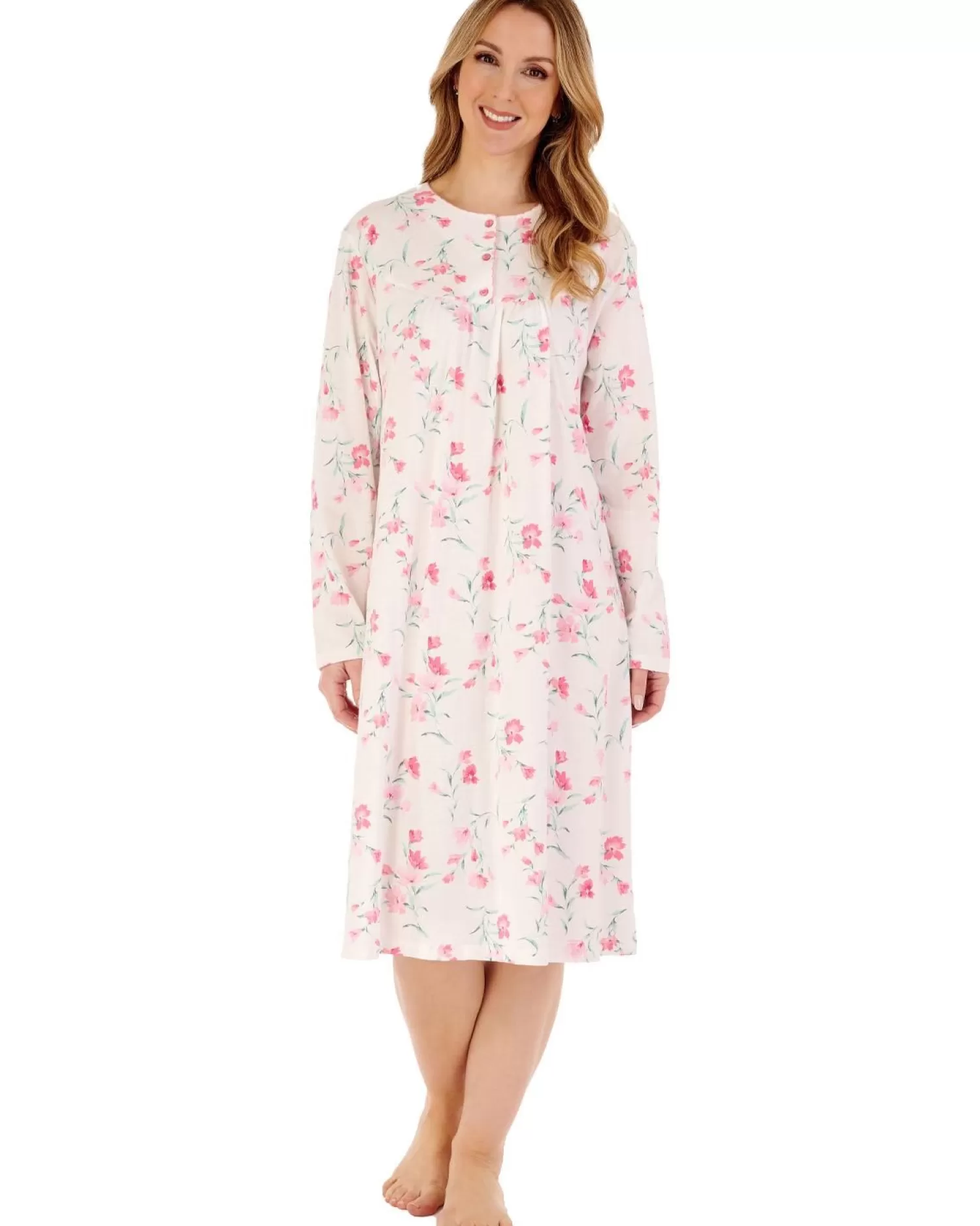 Slenderella Nighties | 42" Picot Trim Long Sleeve Jersey Nightdress - Ivory
