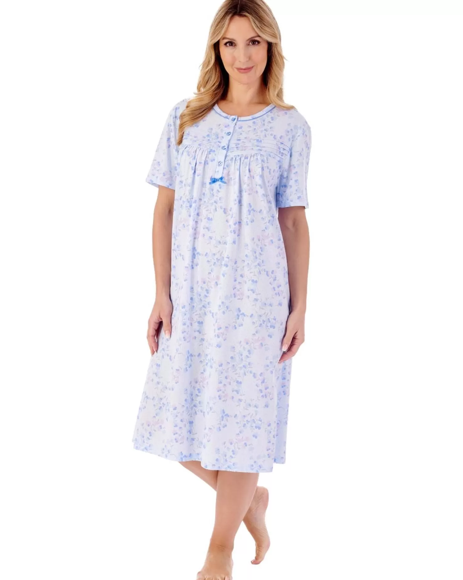 Slenderella Nighties | 42" Trailing Floral Short Sleeve Jersey Nightie - Blue