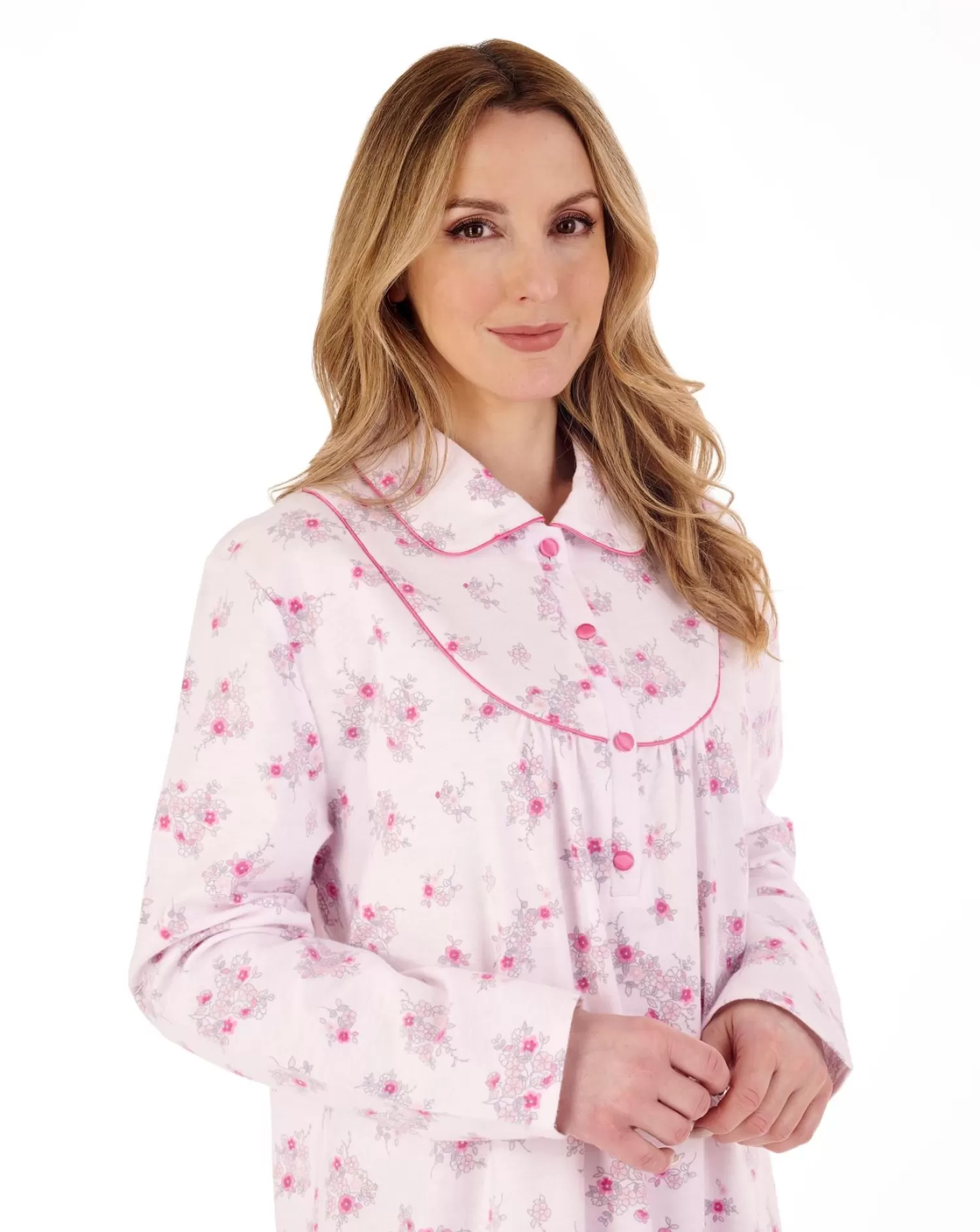Slenderella Nighties | 45" Brushed Flannel Collared Nightdress - Pink