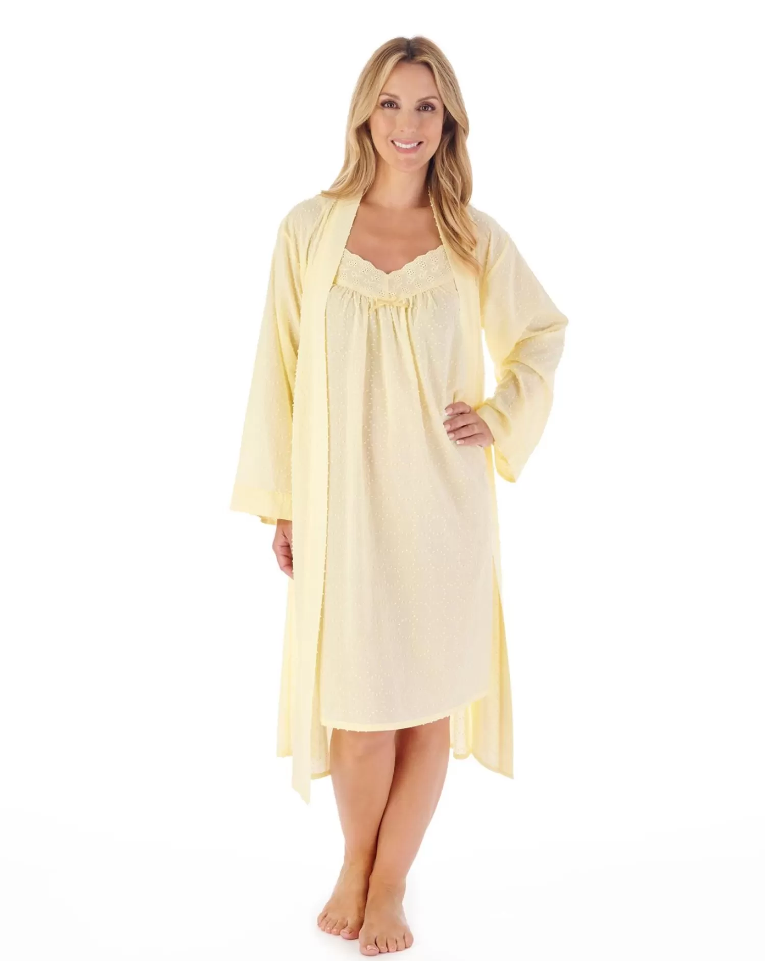Slenderella Dressing Gowns | 45" Dobby Dot 100% Cotton Kimono Wrap - Lemon