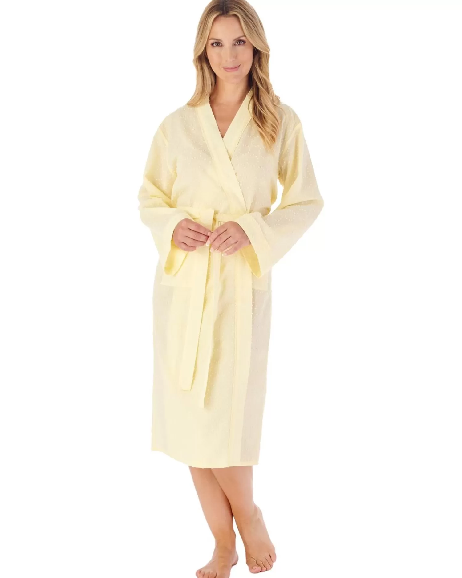 Slenderella Dressing Gowns | 45" Dobby Dot 100% Cotton Kimono Wrap - Lemon