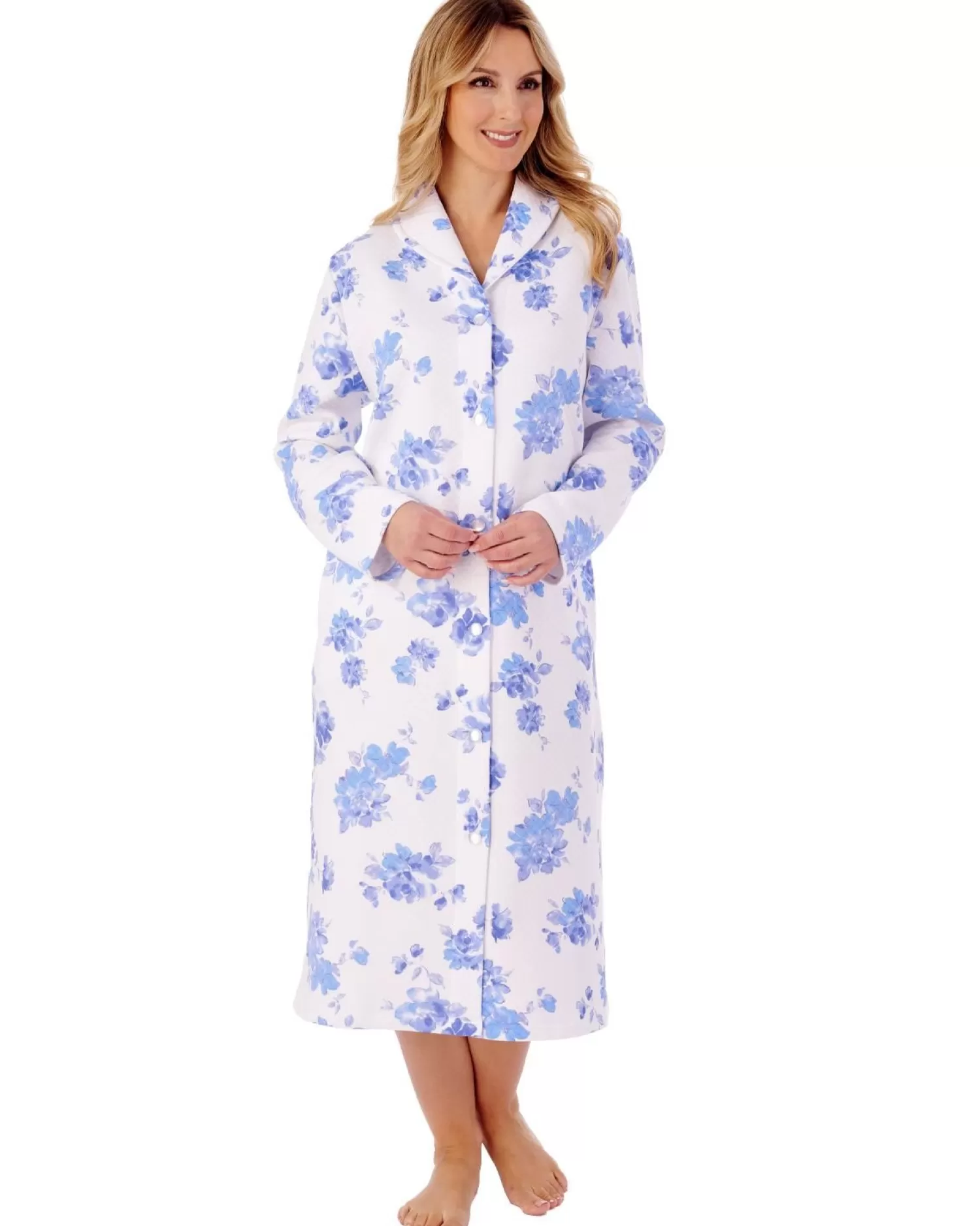 Slenderella Dressing Gowns | 45" Floral Mock Quilt Button Dressing Gown - Blue