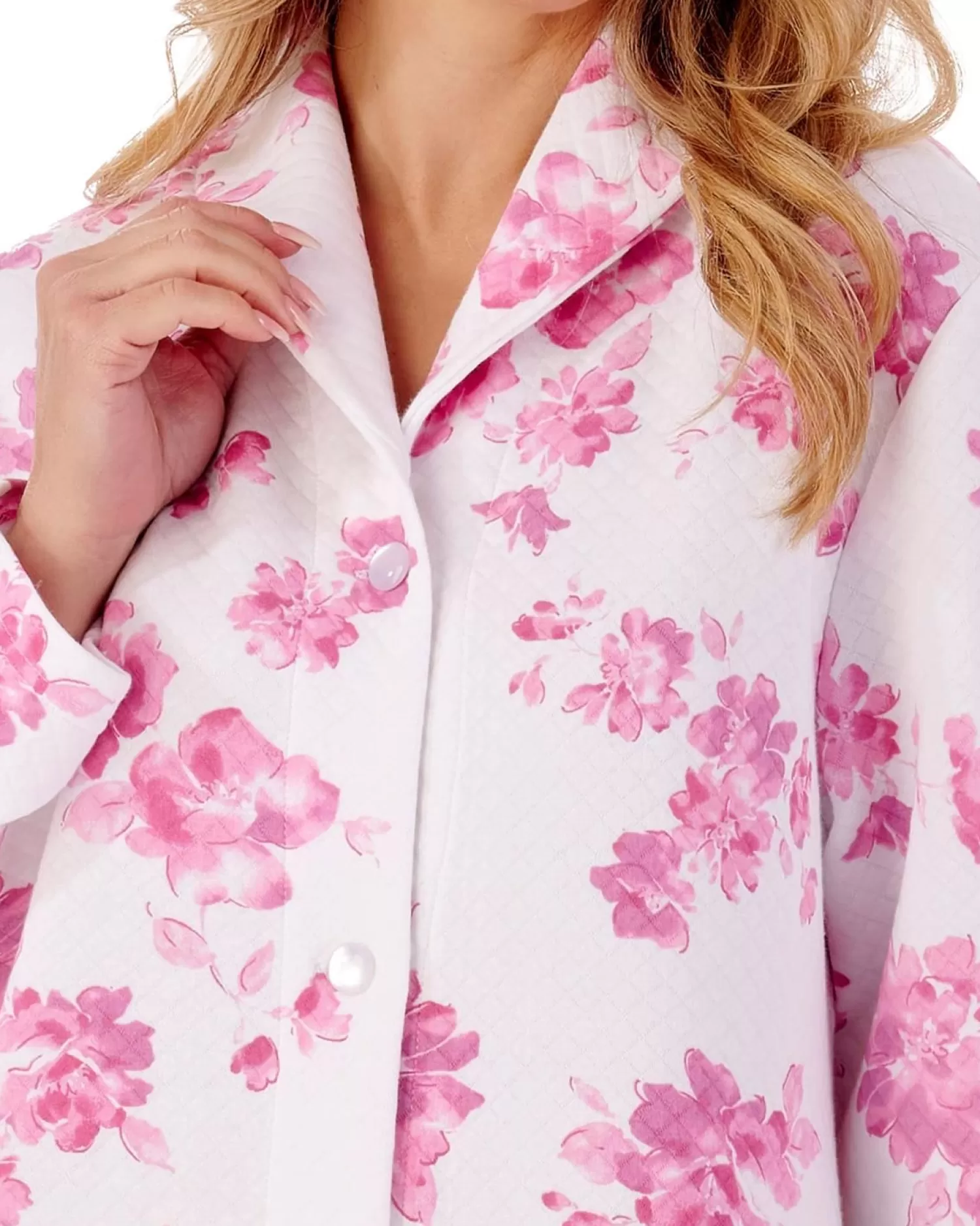 Slenderella Dressing Gowns | 45" Floral Mock Quilt Button Dressing Gown - Pink