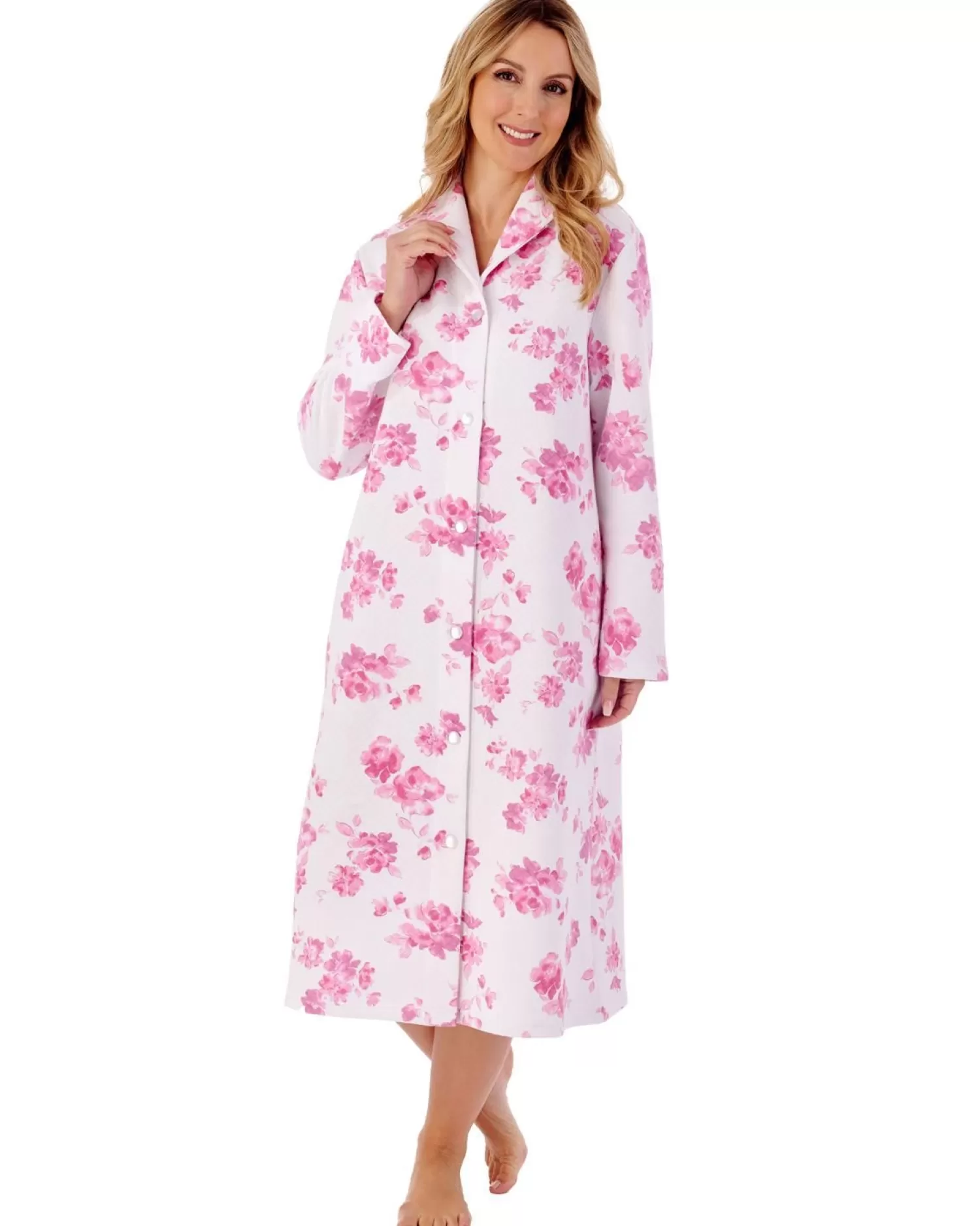 Slenderella Dressing Gowns | 45" Floral Mock Quilt Button Dressing Gown - Pink