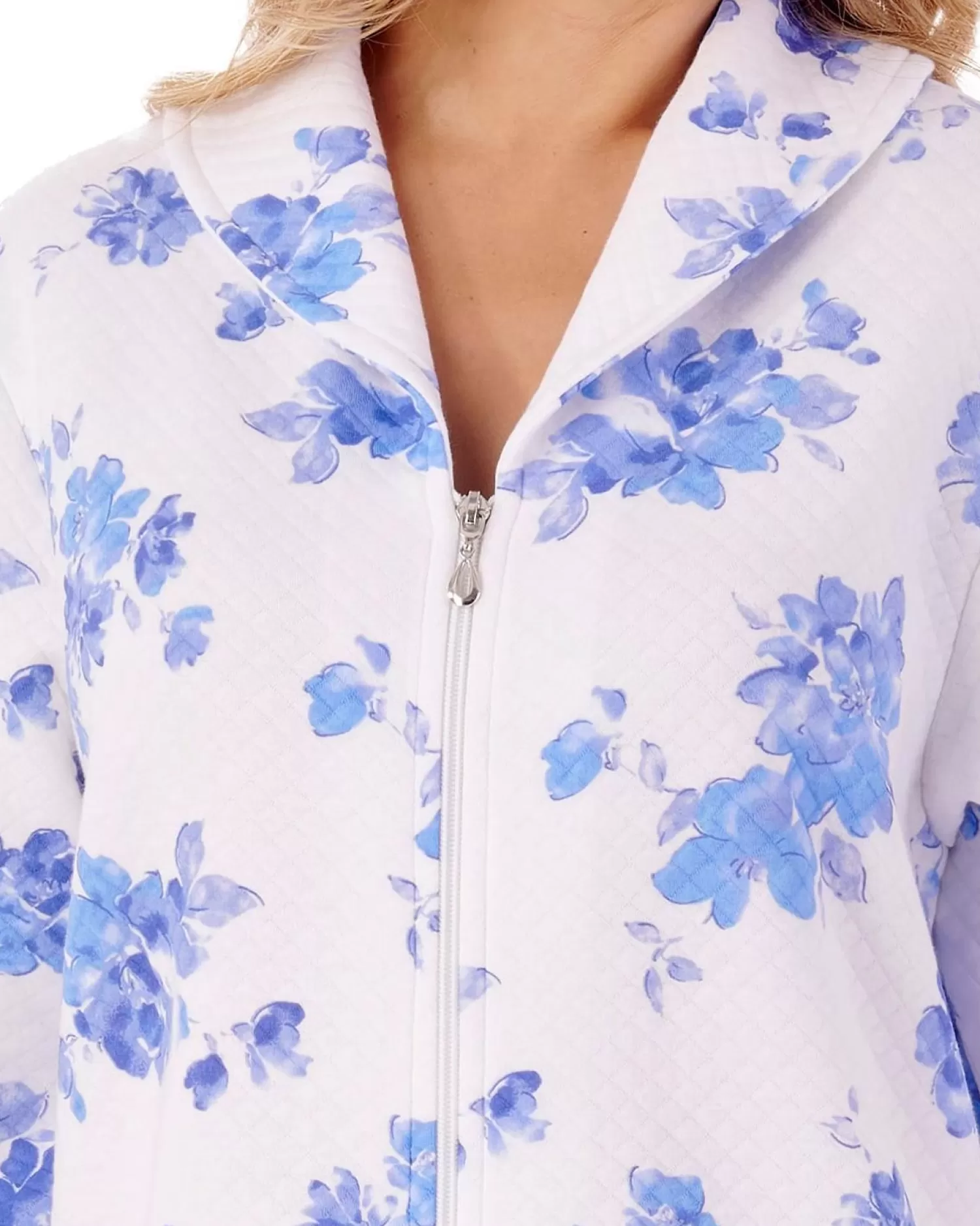 Slenderella Dressing Gowns | 45" Floral Mock Quilt Zip Dressing Gown - Blue