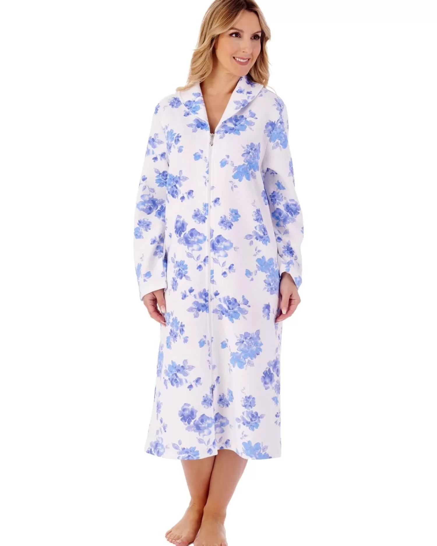 Slenderella Dressing Gowns | 45" Floral Mock Quilt Zip Dressing Gown - Blue