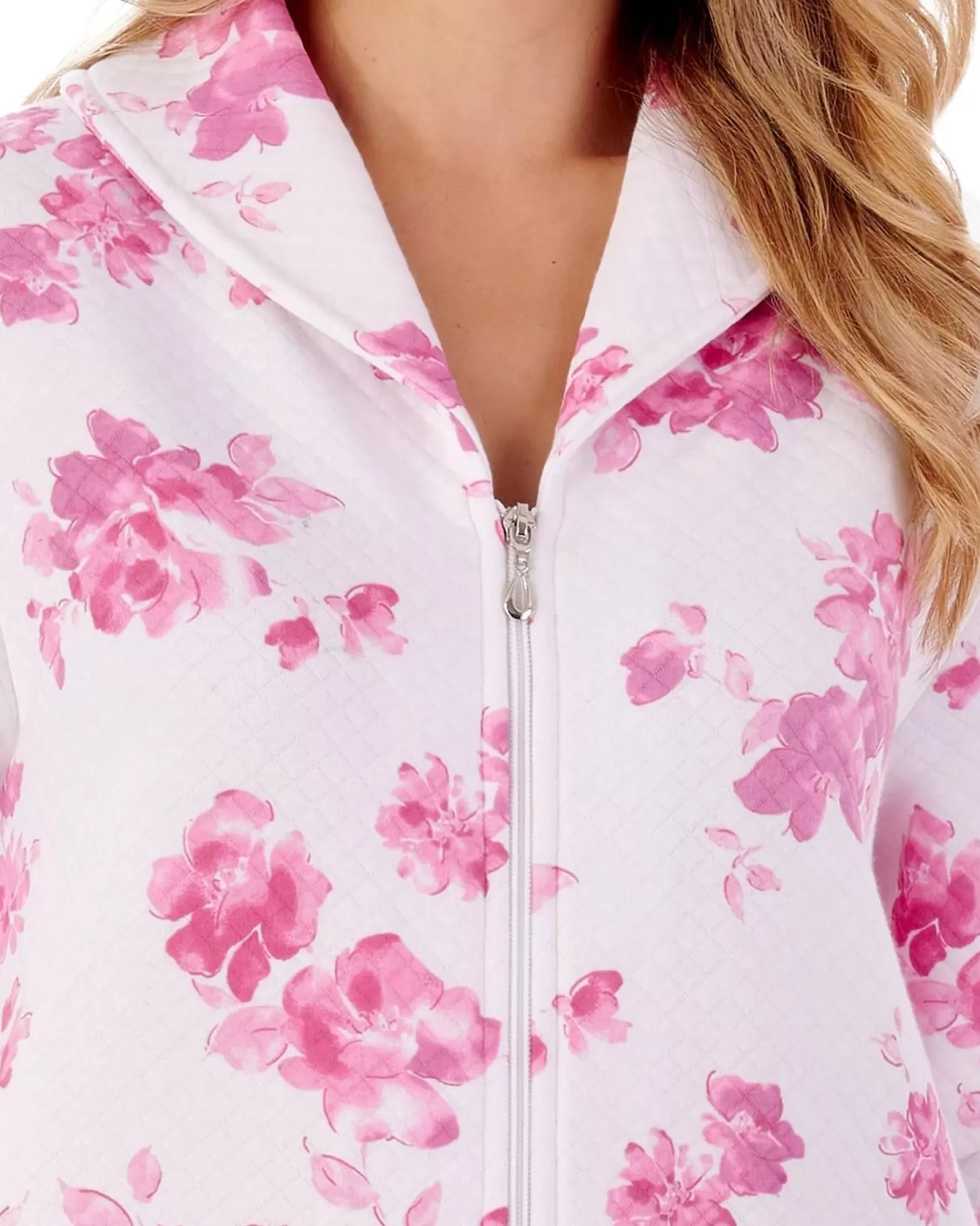 Slenderella Dressing Gowns | 45" Floral Mock Quilt Zip Dressing Gown - Pink