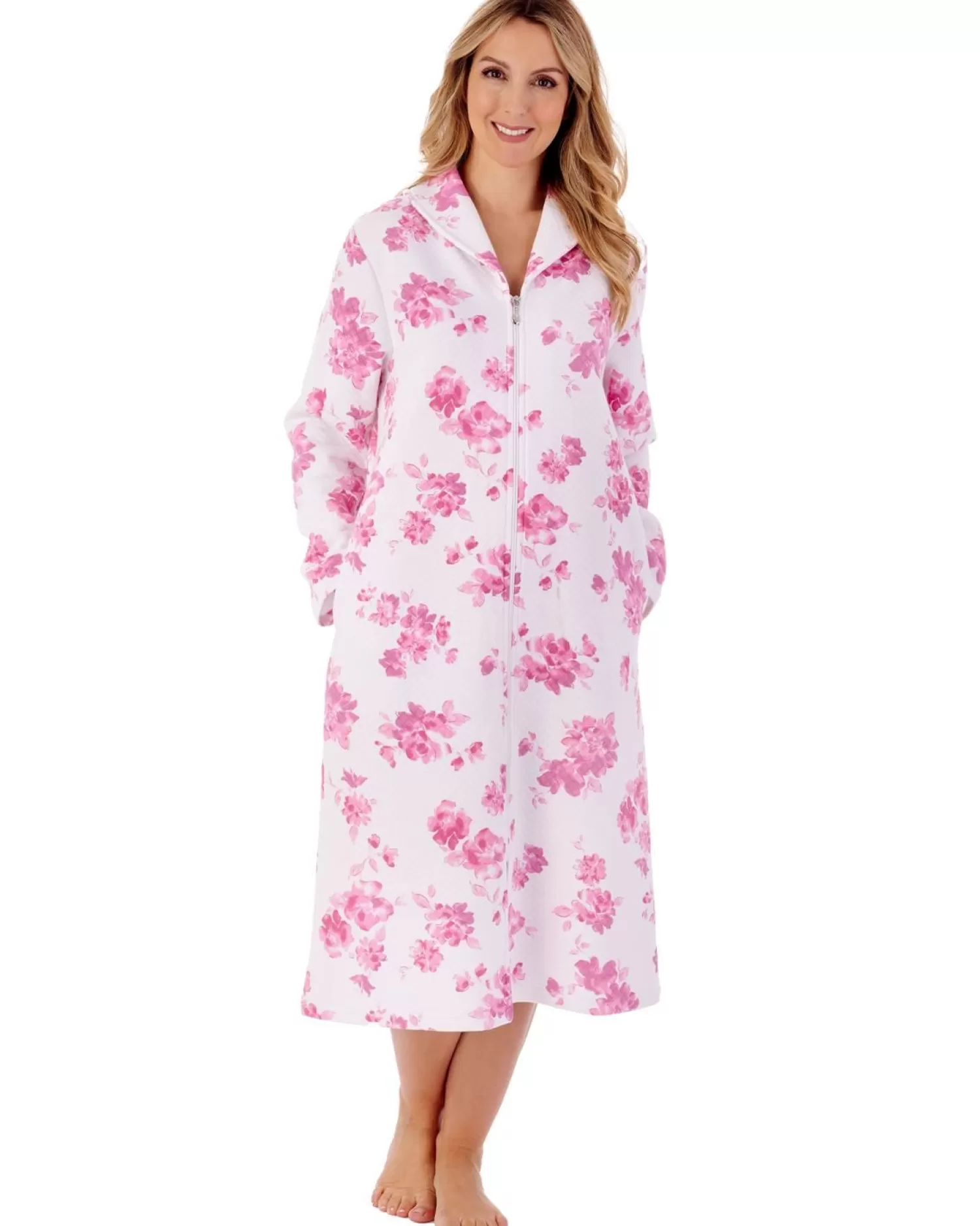 Slenderella Dressing Gowns | 45" Floral Mock Quilt Zip Dressing Gown - Pink