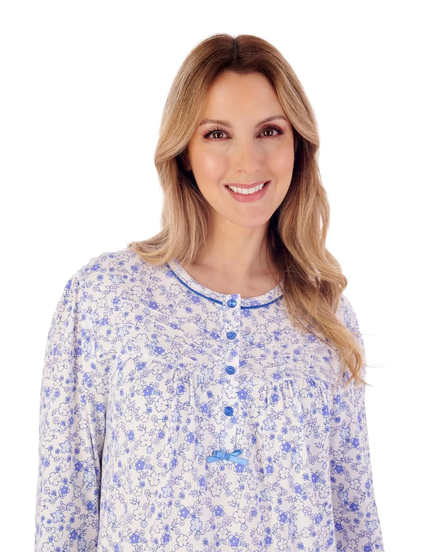 Slenderella Nighties | 45" Long Sleeve Ditsy Floral Jersey Nightie - Blue