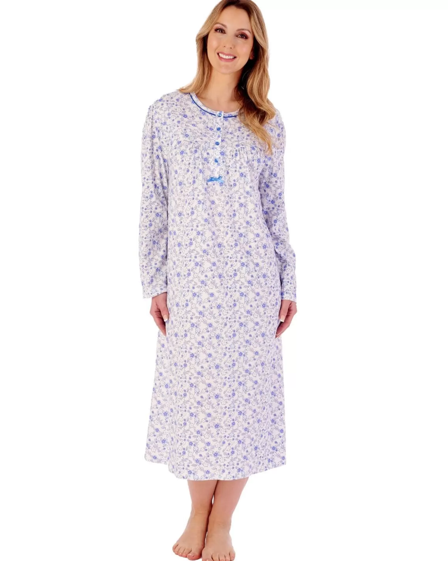 Slenderella Nighties | 45" Long Sleeve Ditsy Floral Jersey Nightie - Blue