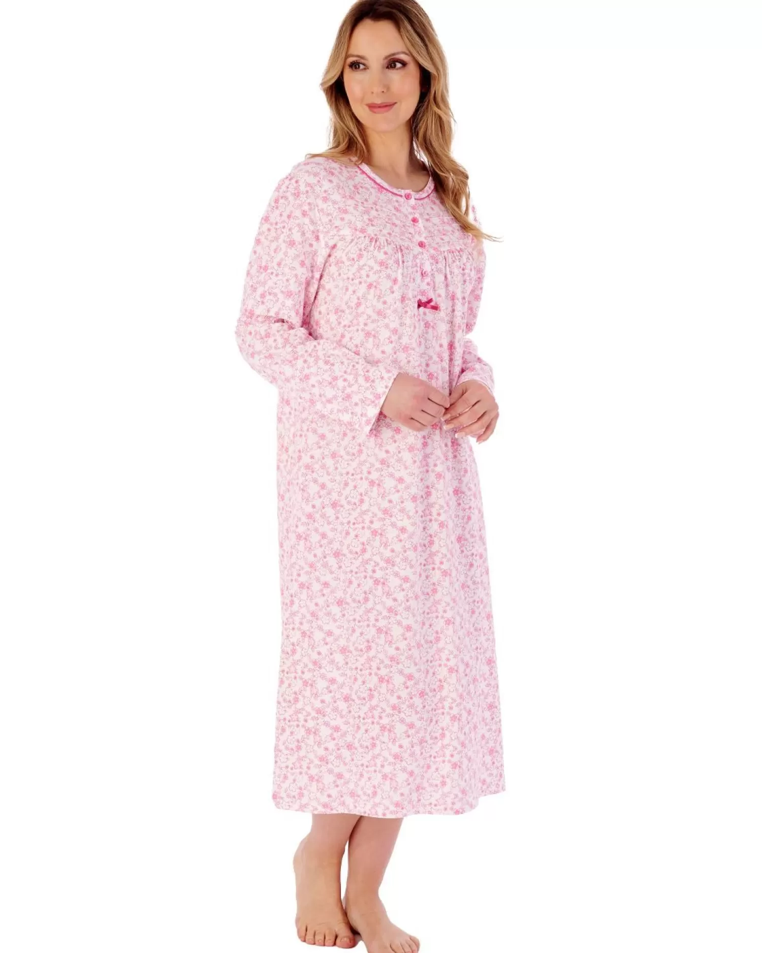 Slenderella Nighties | 45" Long Sleeve Ditsy Floral Jersey Nightie - Pink