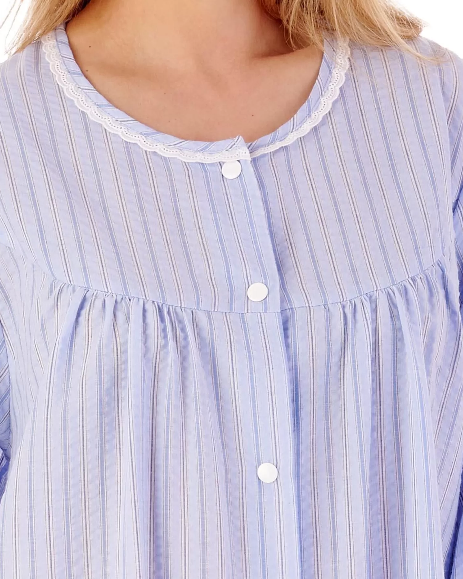 Slenderella Dressing Gowns | 45" Seersucker Round Neck Dressing Gown - Blue