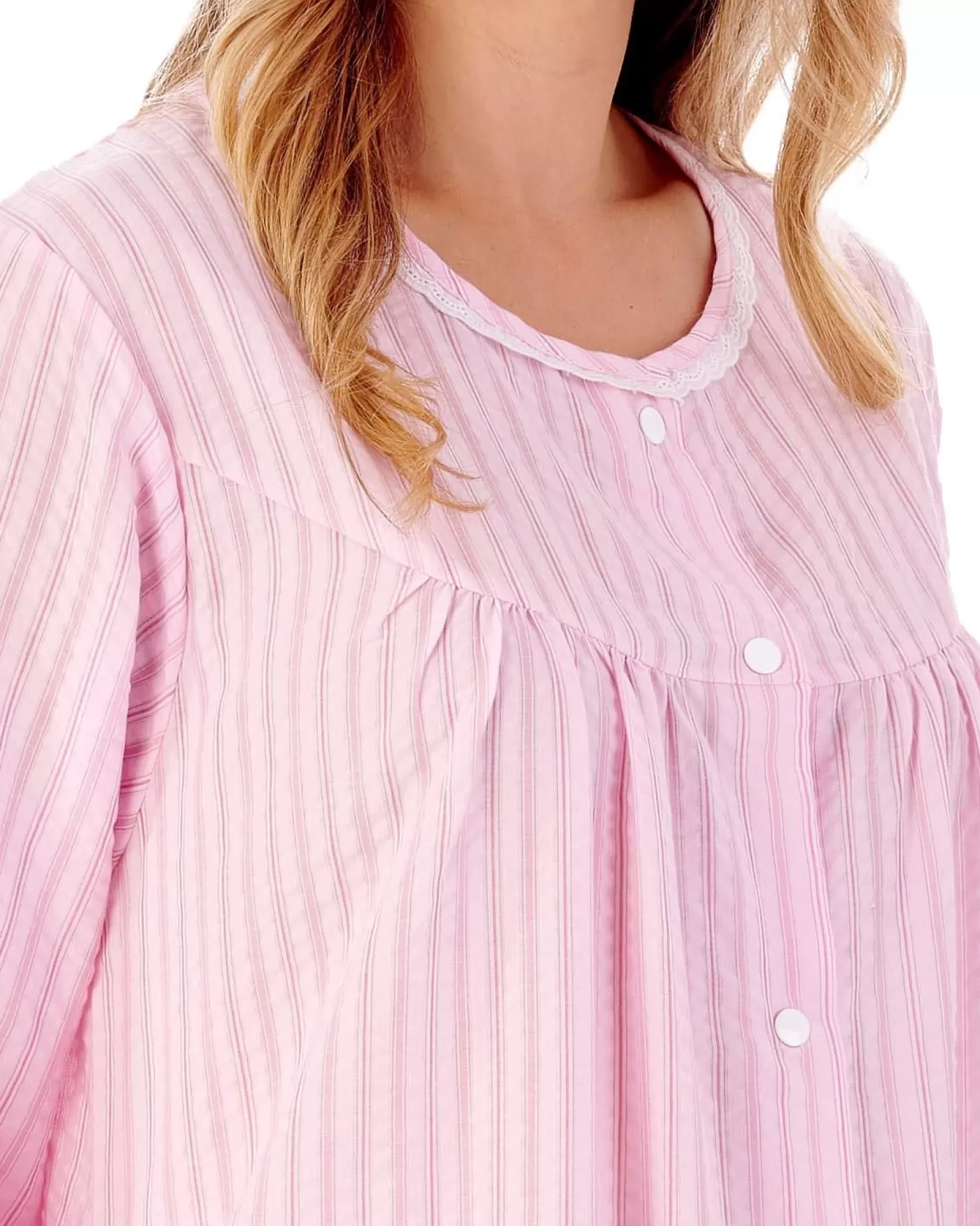 Slenderella Dressing Gowns | 45" Seersucker Round Neck Dressing Gown - Pink