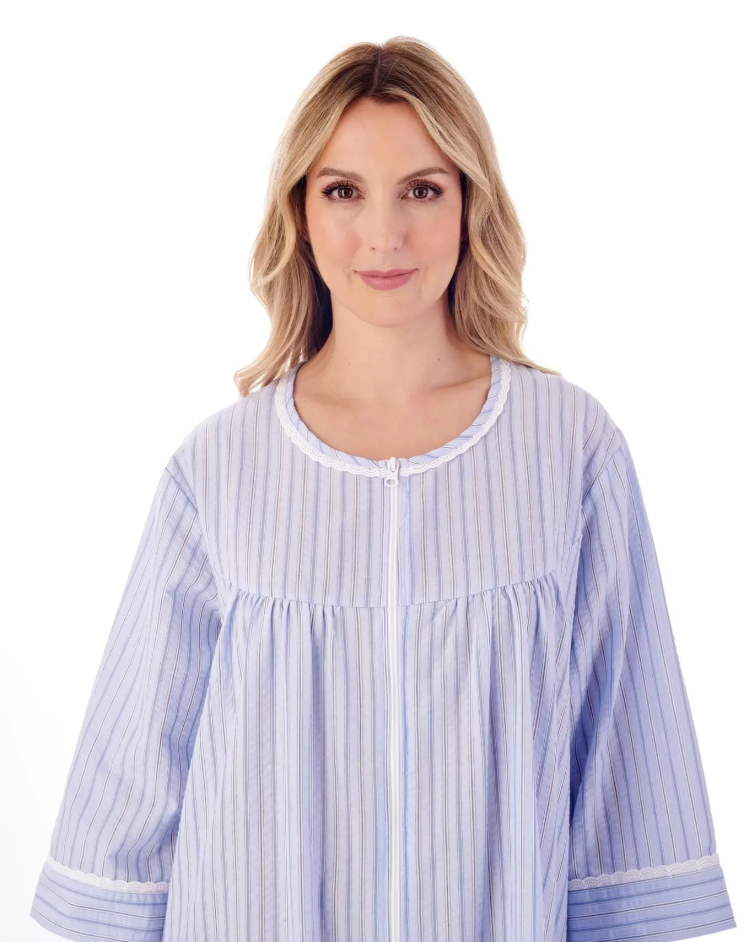 Slenderella Dressing Gowns | 45" Seersucker Zip Dressing Gown - Blue