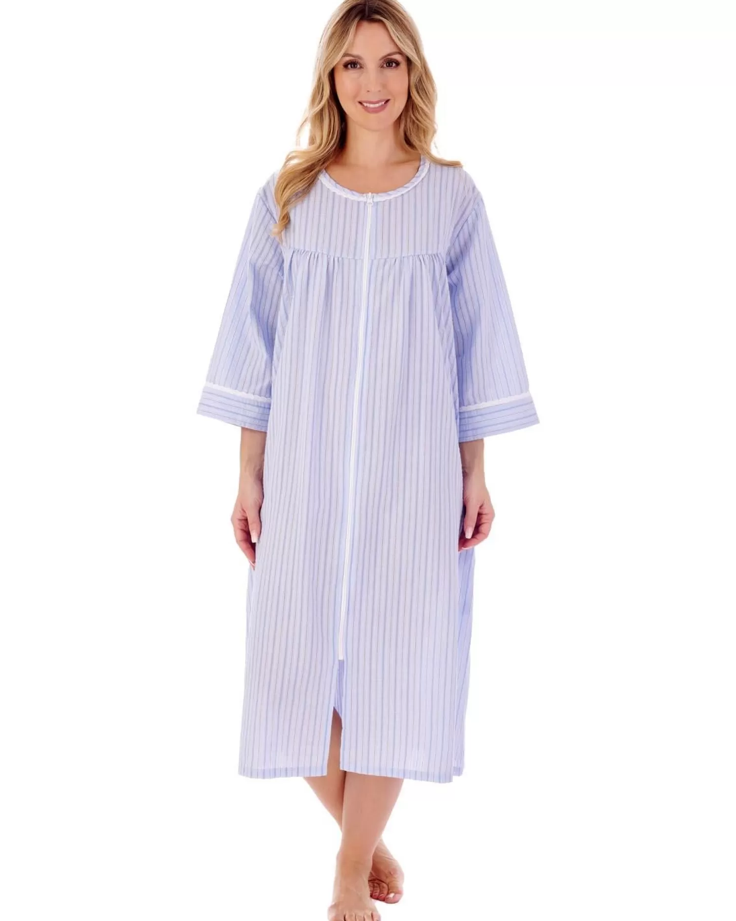 Slenderella Dressing Gowns | 45" Seersucker Zip Dressing Gown - Blue