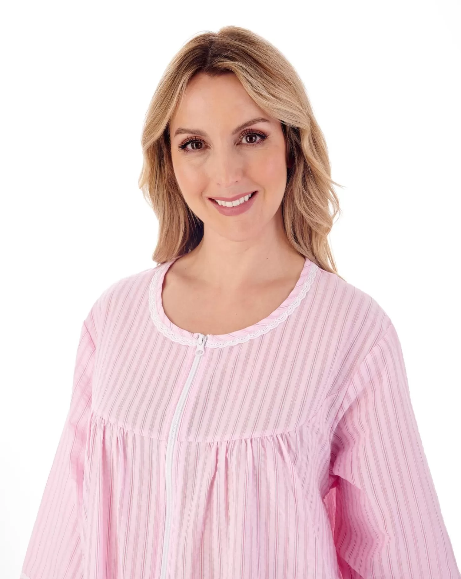 Slenderella Dressing Gowns | 45" Seersucker Zip Dressing Gown - Pink