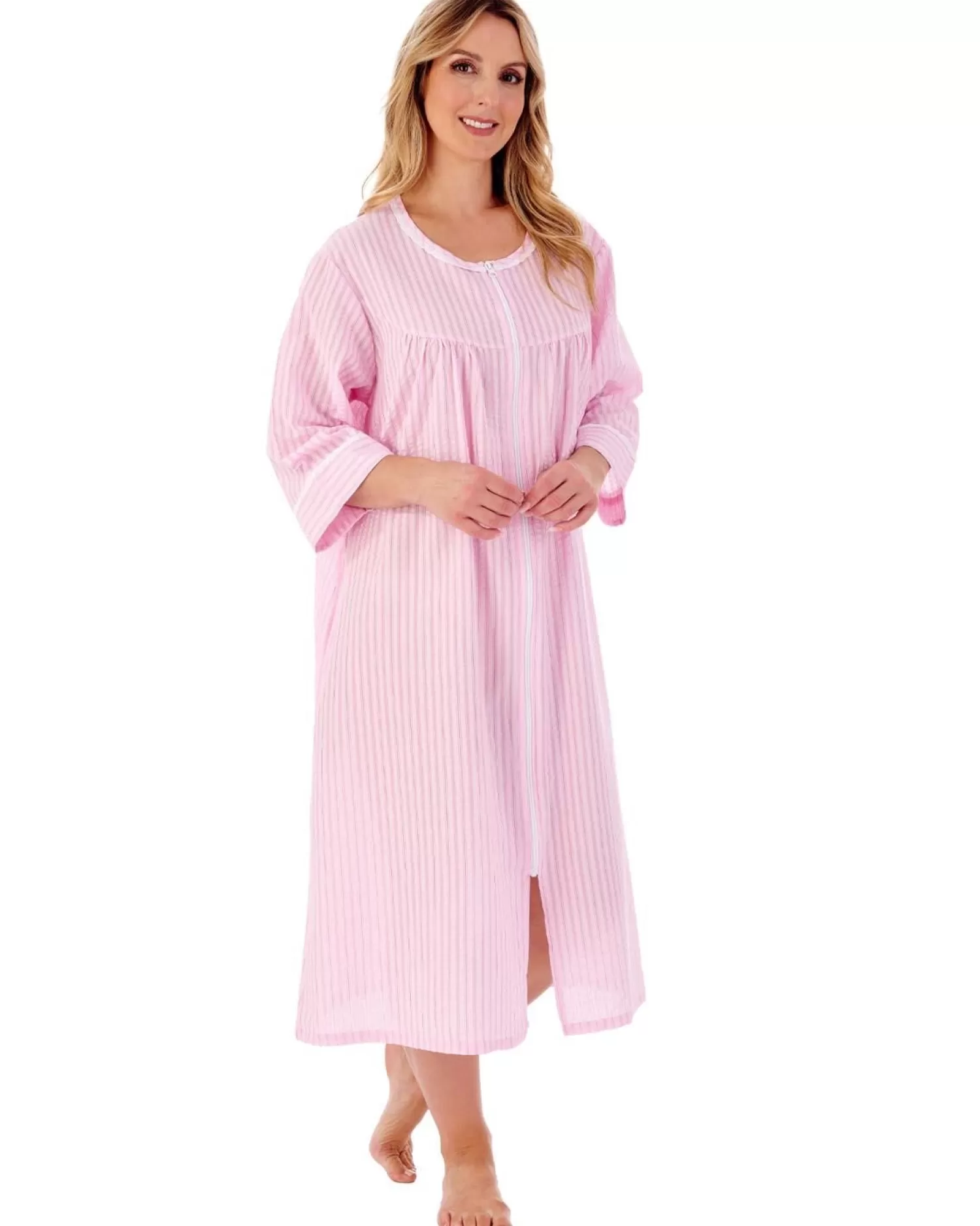 Slenderella Dressing Gowns | 45" Seersucker Zip Dressing Gown - Pink