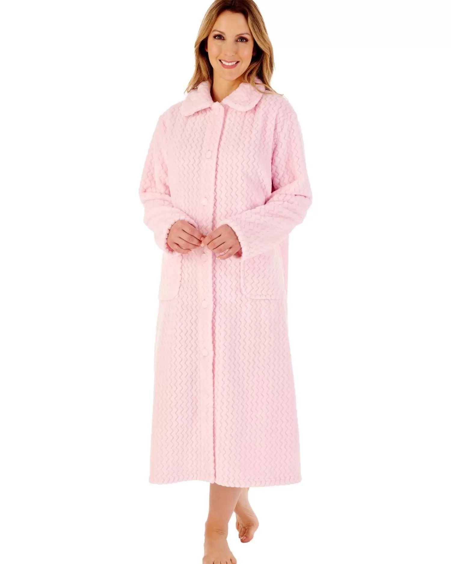 Slenderella Dressing Gowns | 46" Chevron Embossed Fleece Button Dressing Gown - Pink