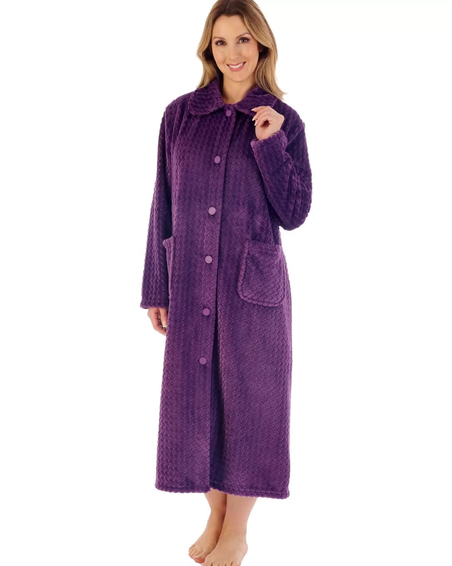Slenderella Dressing Gowns | 46" Chevron Embossed Fleece Button Dressing Gown - Purple
